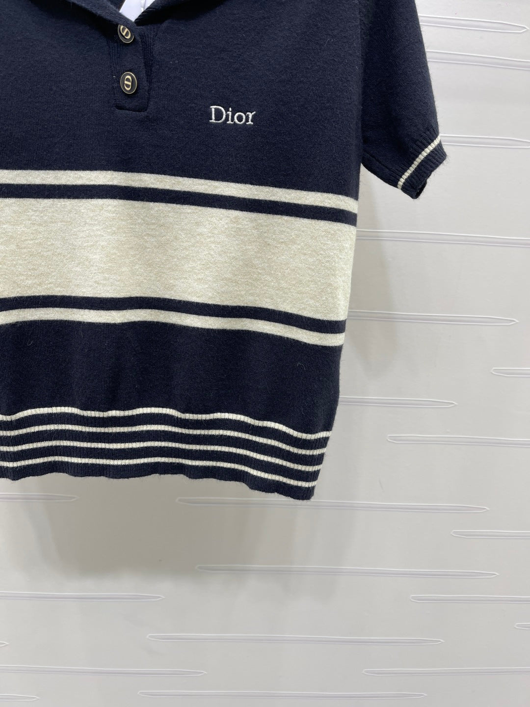 CD 26s Collar Striped Knit Short-Sleeve Sweater Nylon Wool 409497