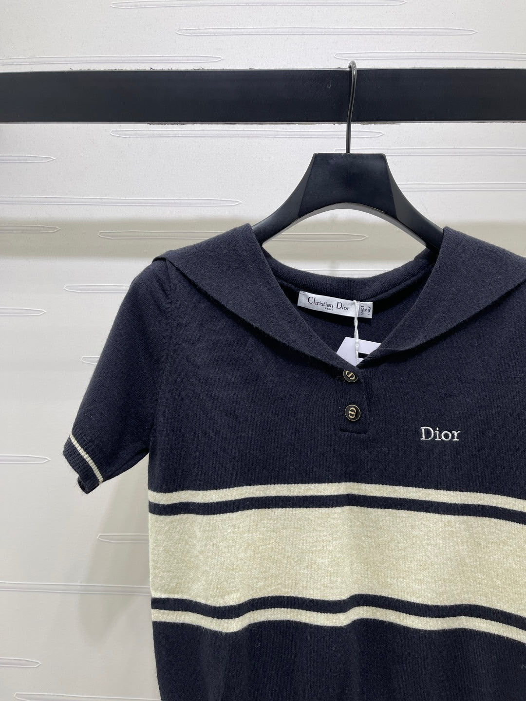 CD 26s Collar Striped Knit Short-Sleeve Sweater Nylon Wool 409497
