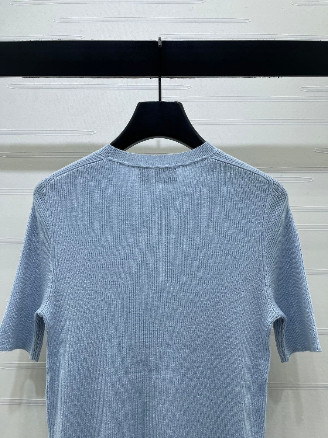 Prada 26s Round Neck Slim Fit Knit Short-Sleeve Top Light Blue Wool 421997