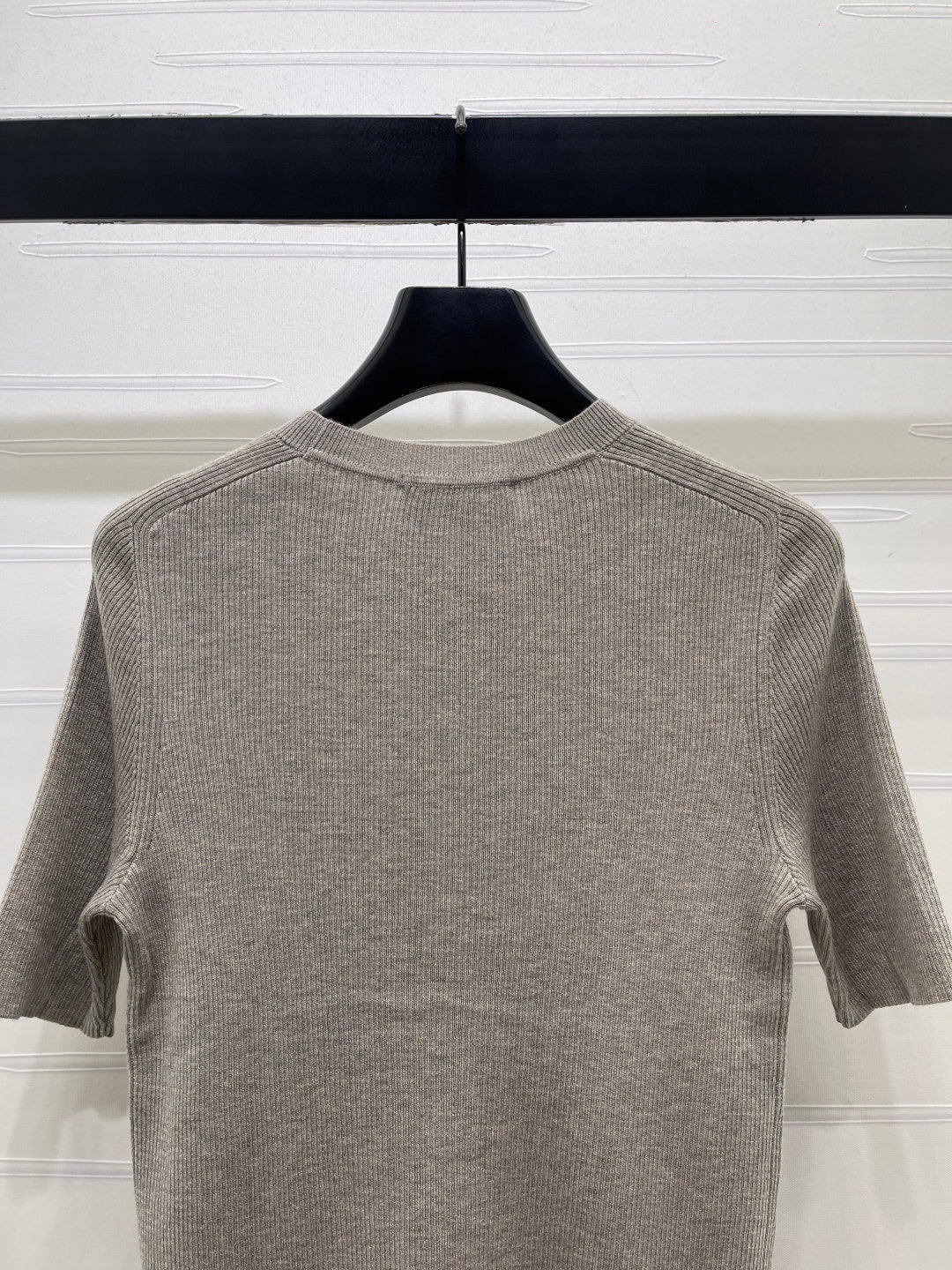 Prada 26s Round Neck Slim Fit Knit Short-Sleeve Top Light Taupe Wool 421995