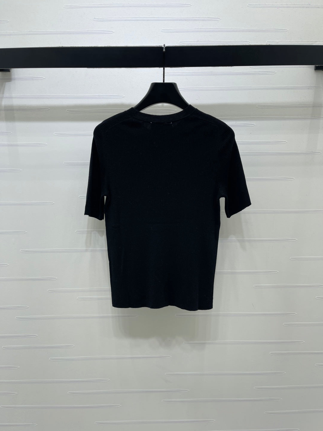 Prada 26s Round Neck Slim Fit Knit Short-Sleeve Top Black Wool 421994