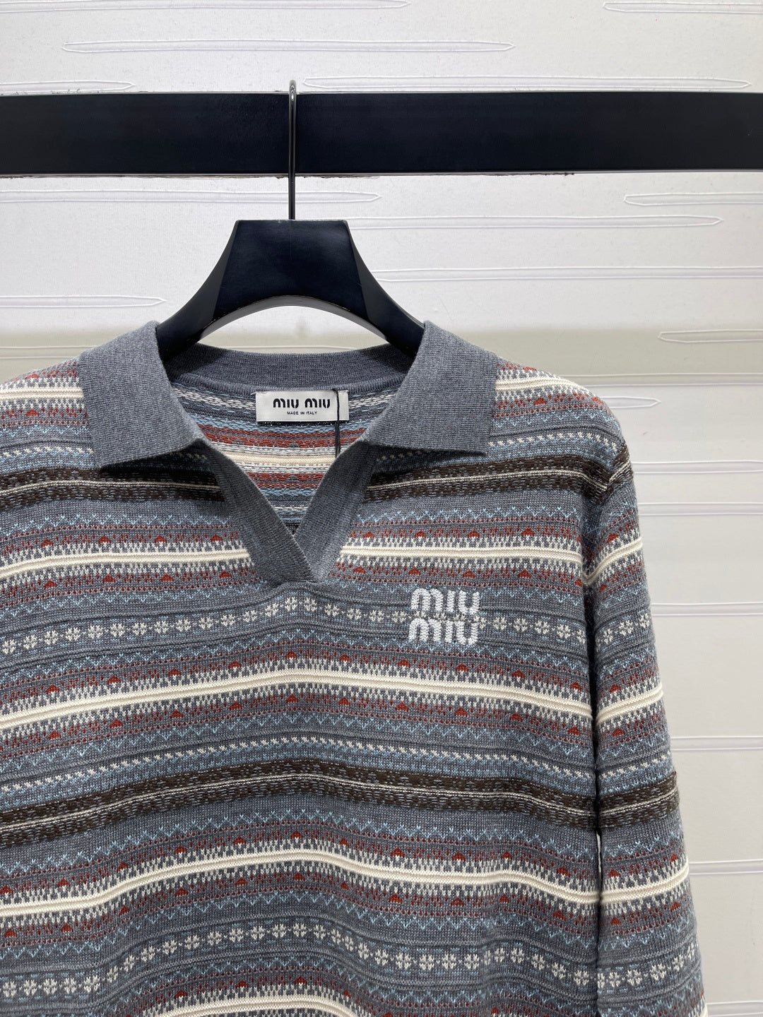 Miu 26s Striped Collar Knit Long Sleeve Grey Wool 423879