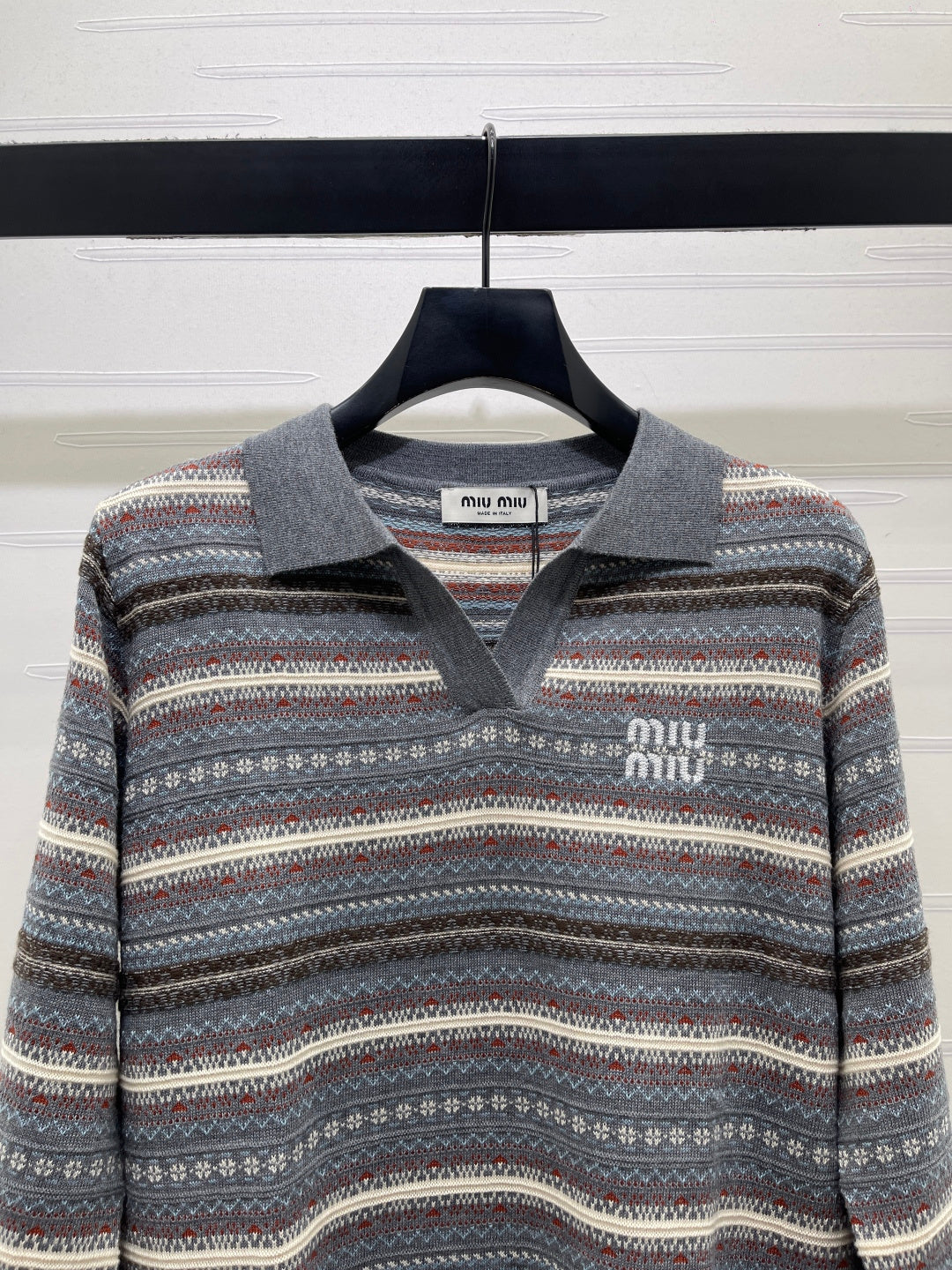 Miu 26s Striped Collar Knit Long Sleeve Grey Wool 423879