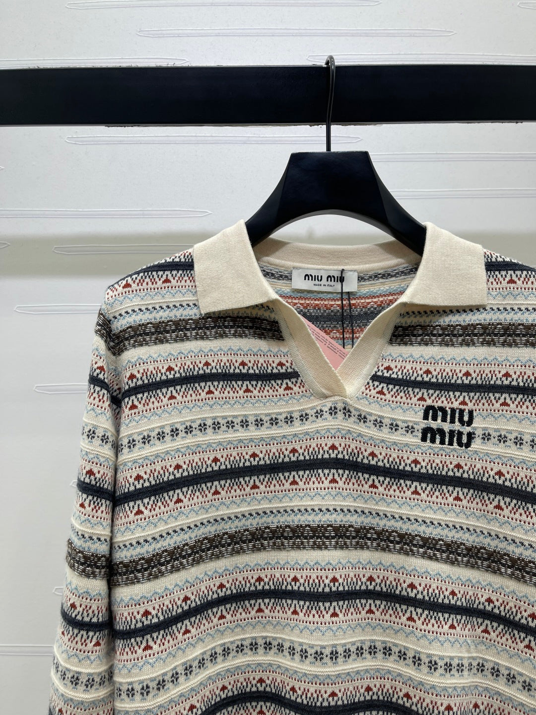 Miu 26s Striped Collar Knit Long Sleeve Cream Wool 423878