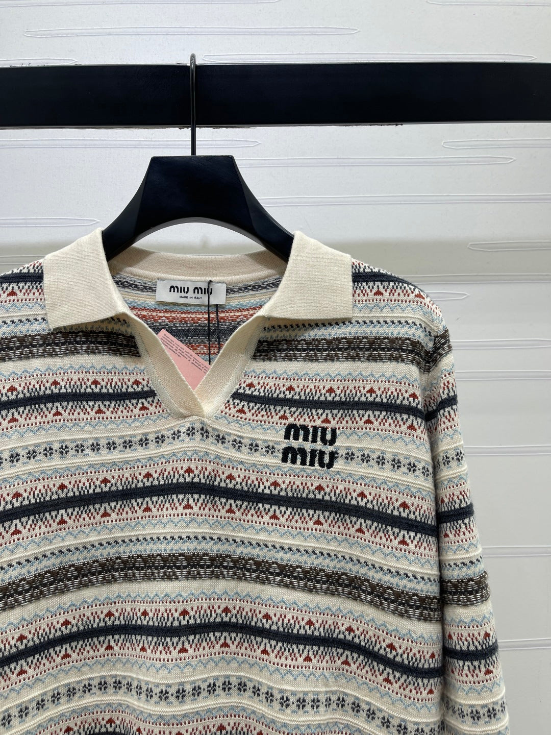 Miu 26s Striped Collar Knit Long Sleeve Cream Wool 423878