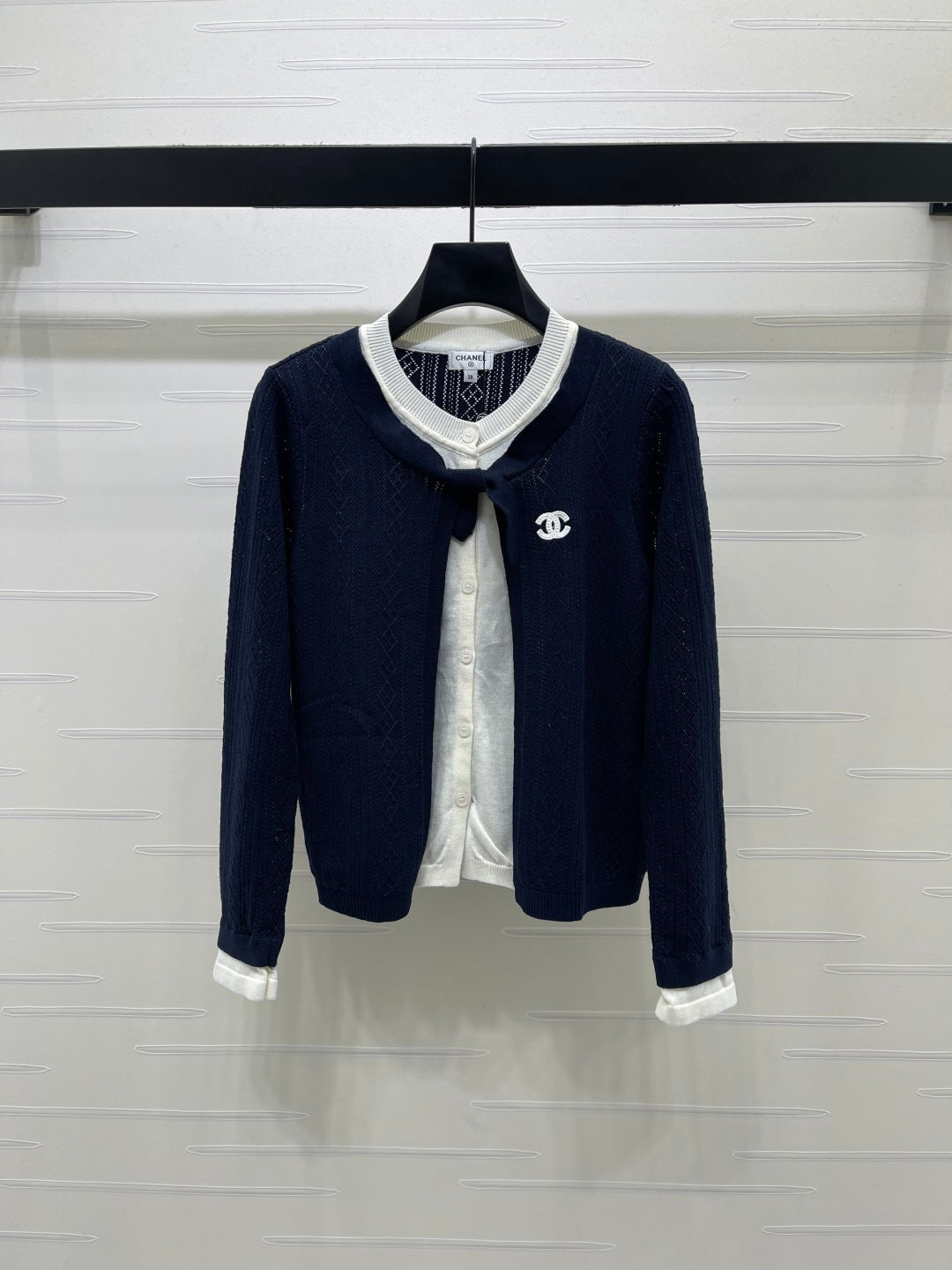 CC 26s Faux Two-Piece Knitted Crew Neck Cardigan Navy Blue Wool 423883