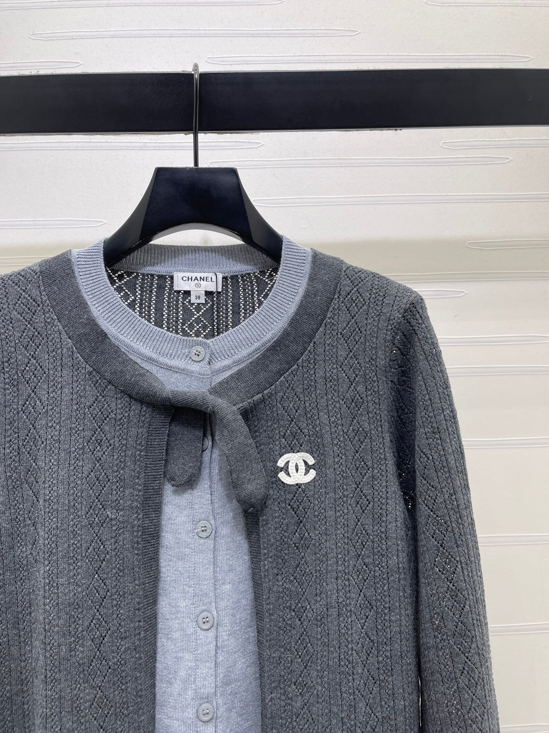 CC 26s Faux Two-Piece Knitted Crew Neck Cardigan Grey Wool 423882