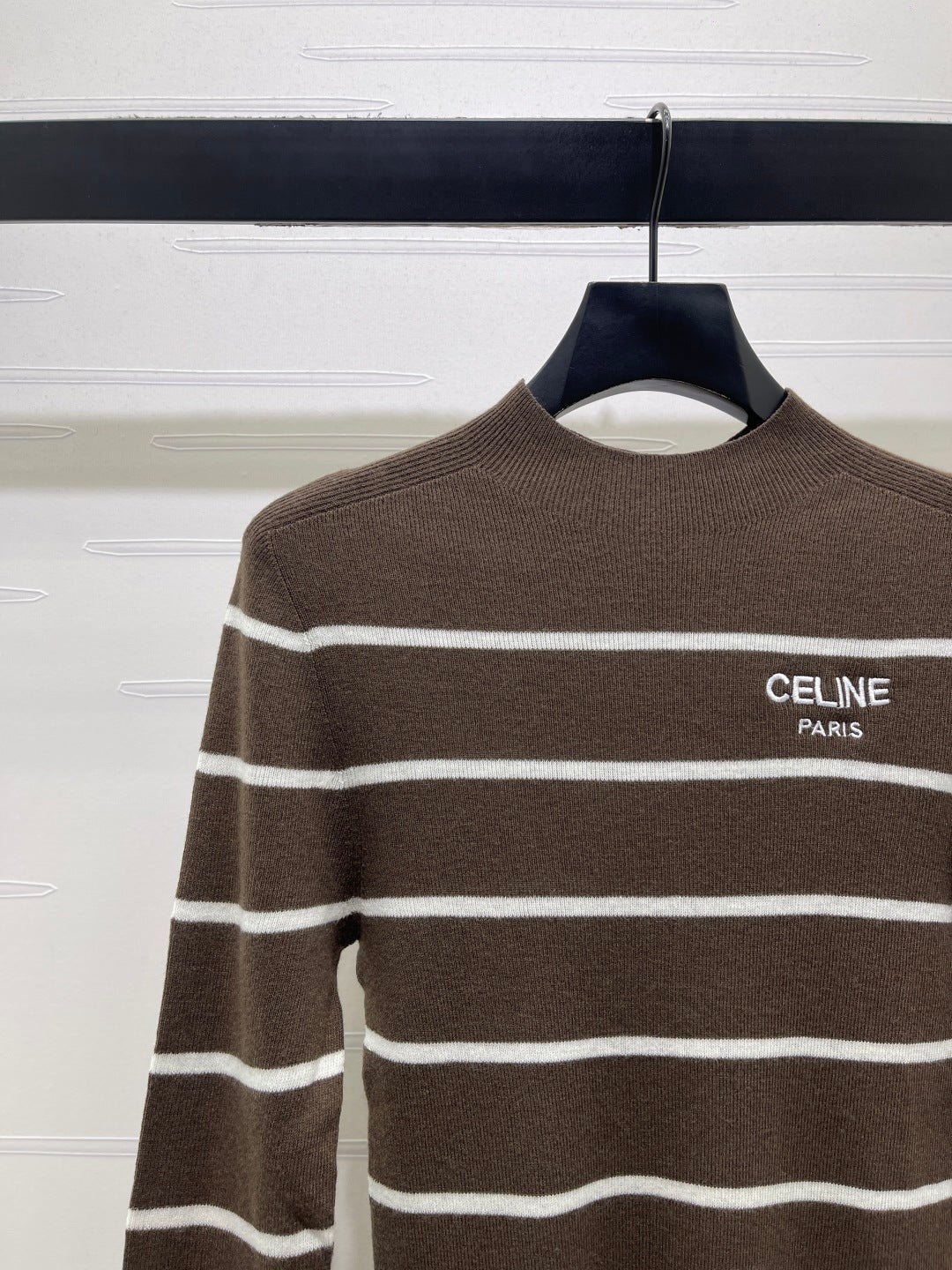 Celine 26s High-Neck Striped Knit Long Sleeve Brown Tencel 423875
