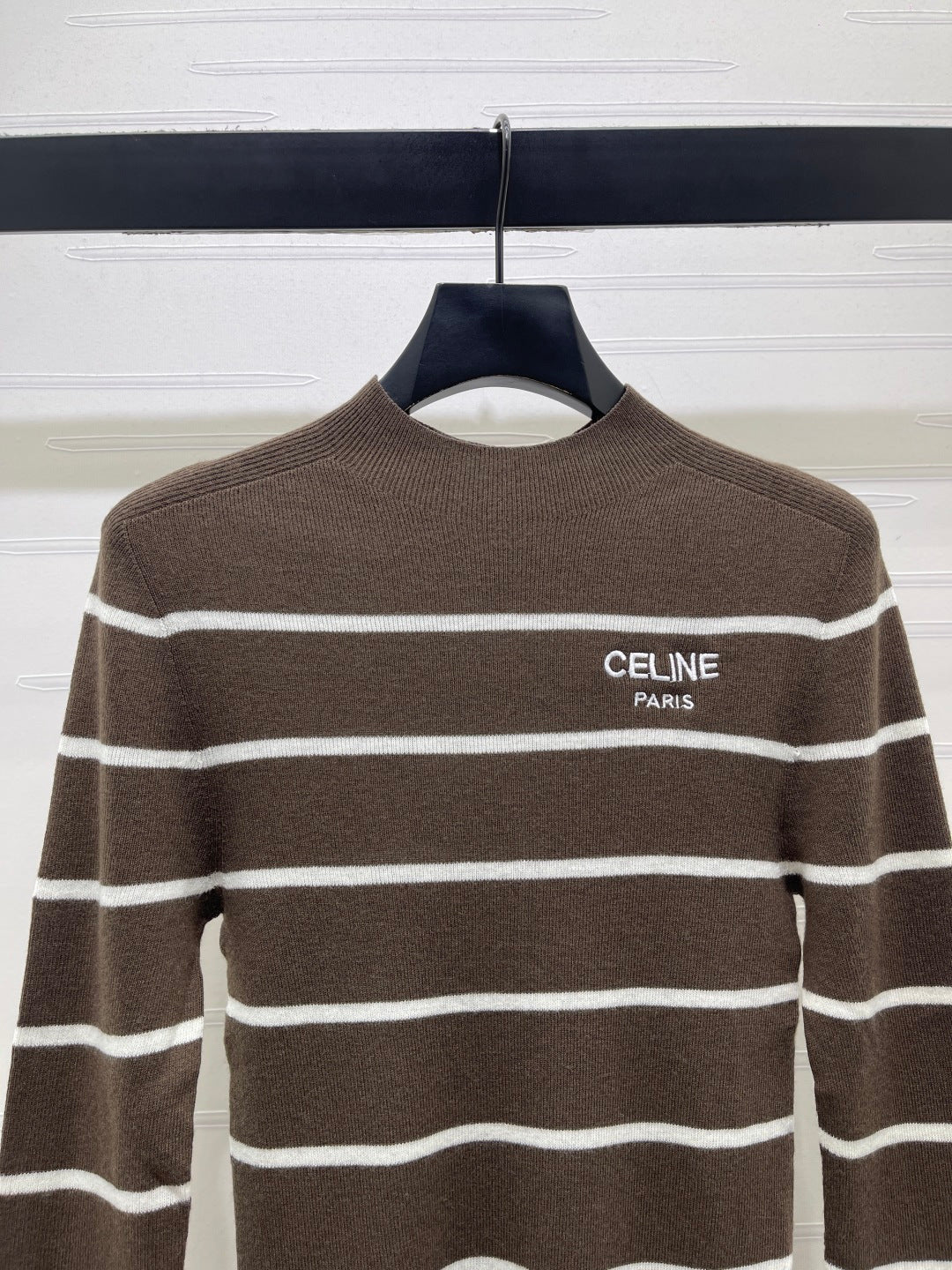 Celine 26s High-Neck Striped Knit Long Sleeve Brown Tencel 423875