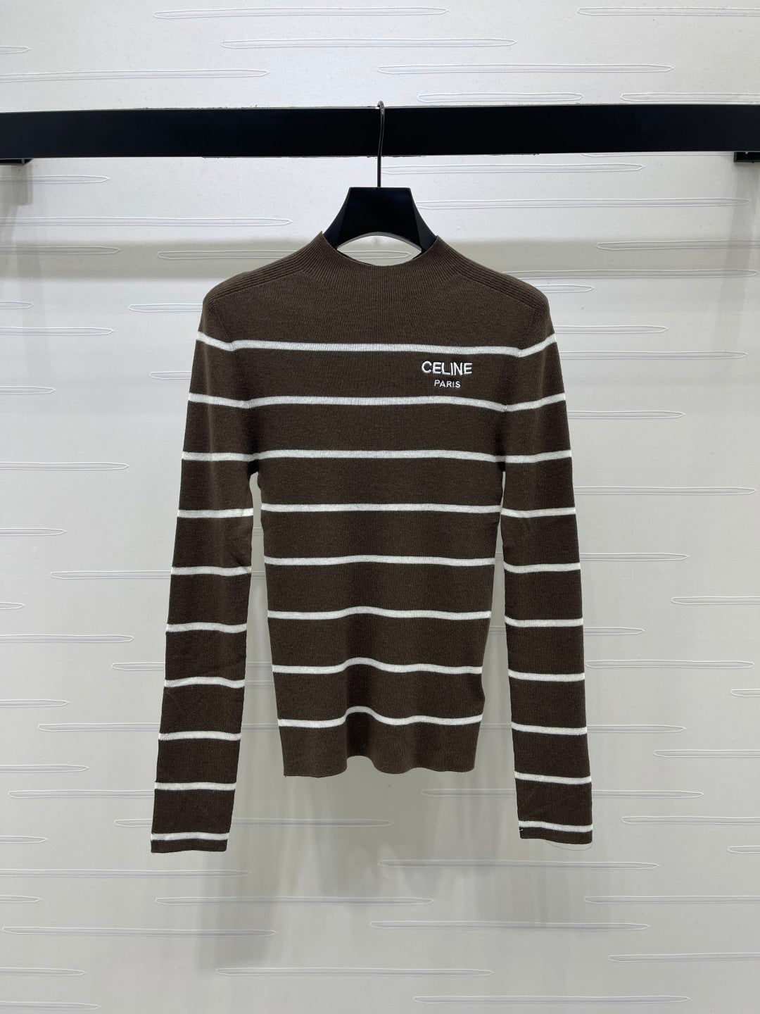 Celine 26s High-Neck Striped Knit Long Sleeve Brown Tencel 423875
