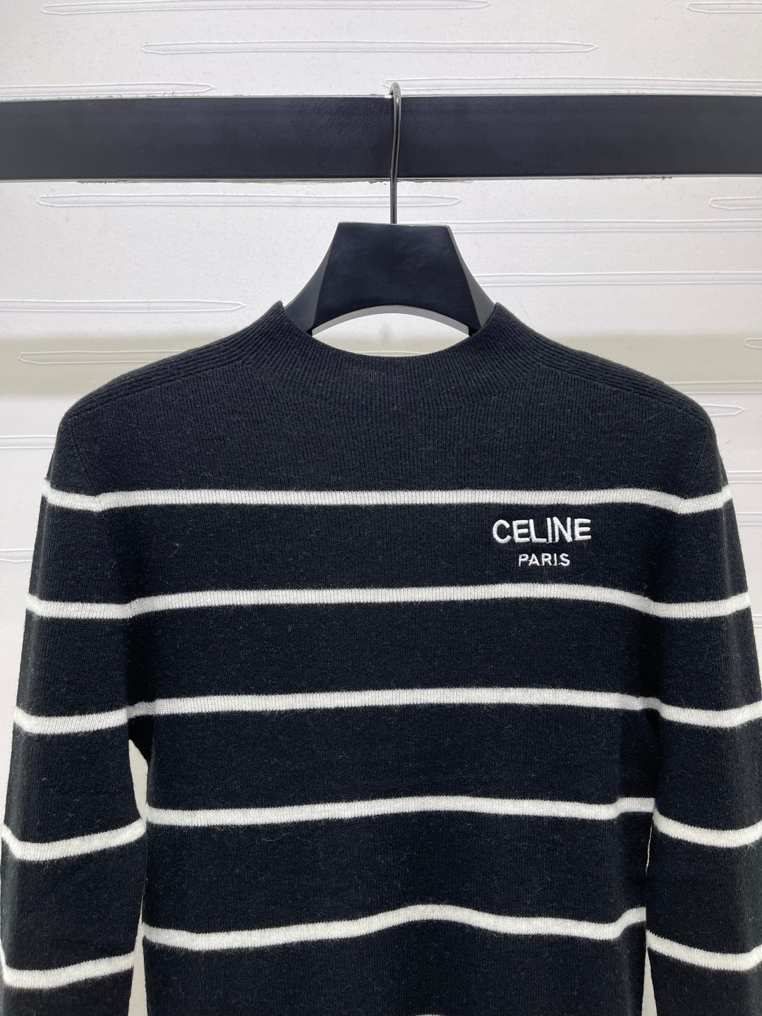 Celine 26s High-Neck Striped Knit Long Sleeve Black Tencel 423874