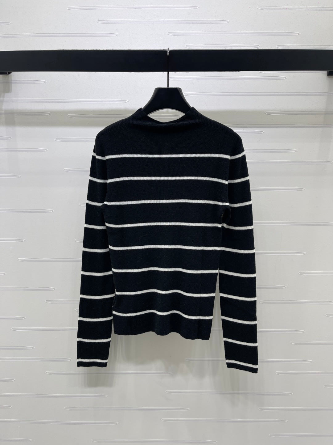Celine 26s High-Neck Striped Knit Long Sleeve Black Tencel 423874