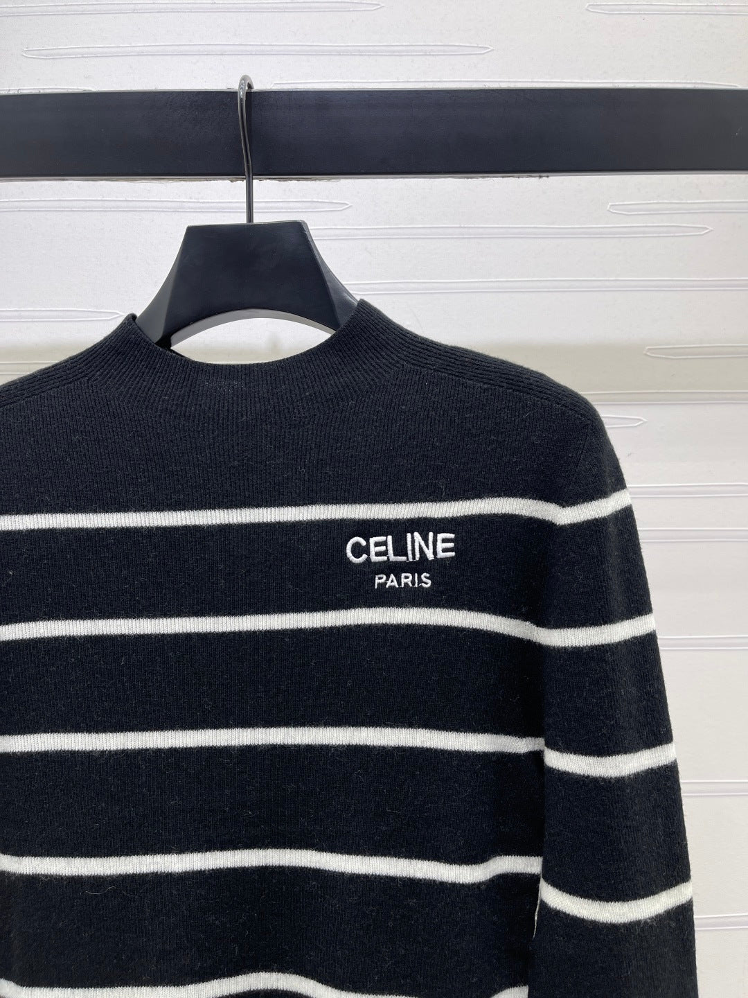 Celine 26s High-Neck Striped Knit Long Sleeve Black Tencel 423874