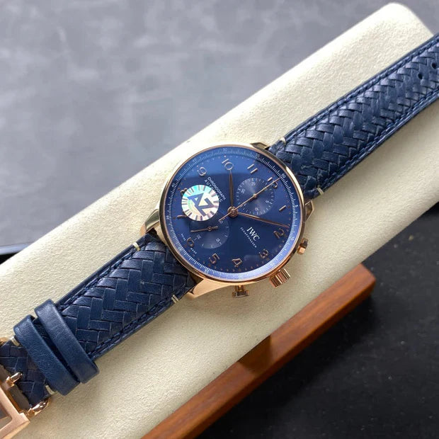 IWC Portuguese 41mm Blue Dial Pink Gold Case Leather Strap