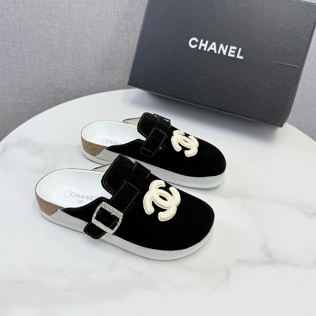 CC 26s CC Buckle Suede Mules Black 167659