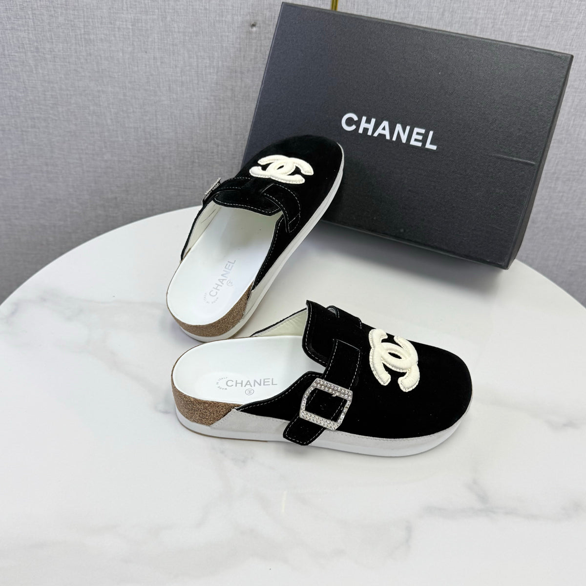 CC 26s CC Buckle Suede Mules Black 167659