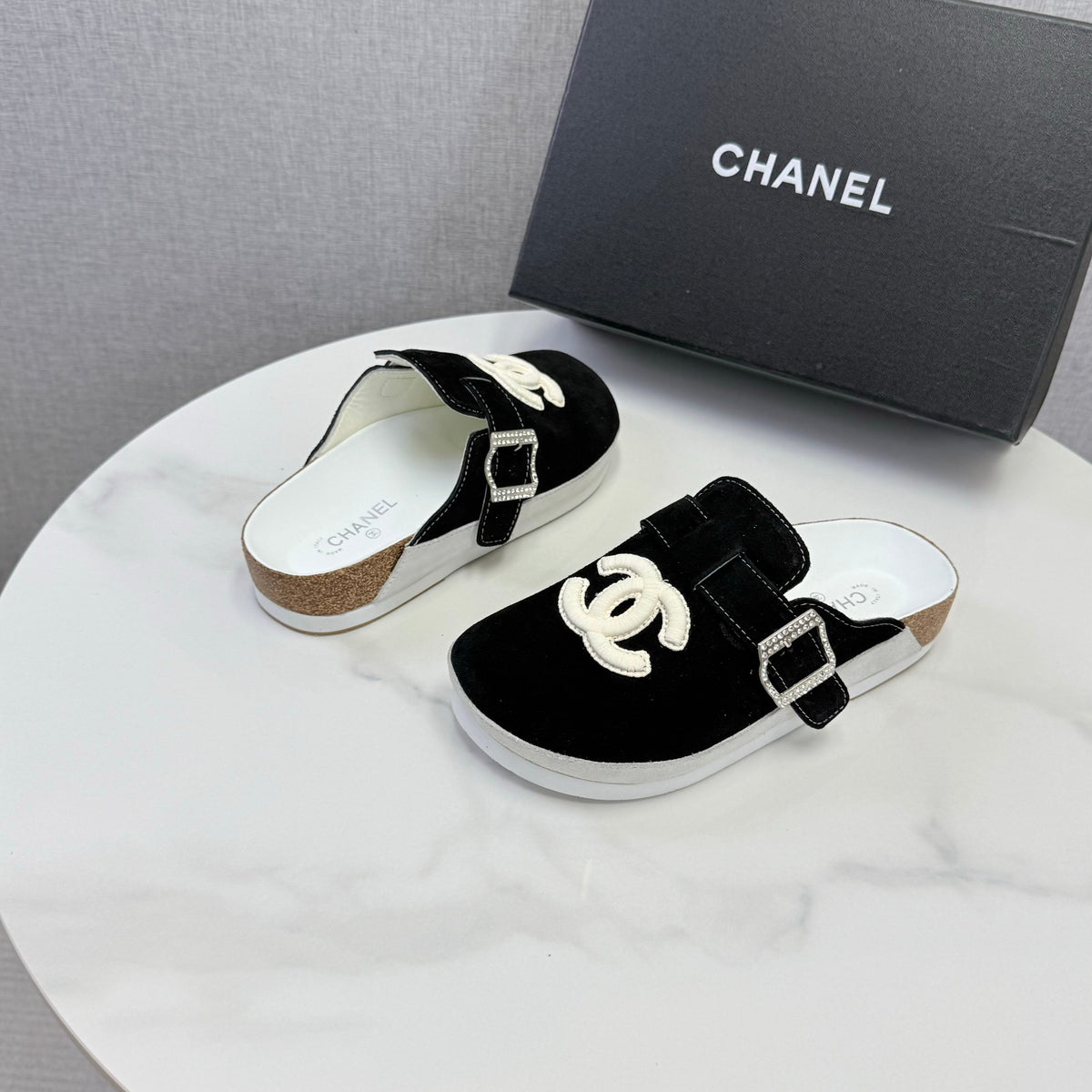 CC 26s CC Buckle Suede Mules Black 167659