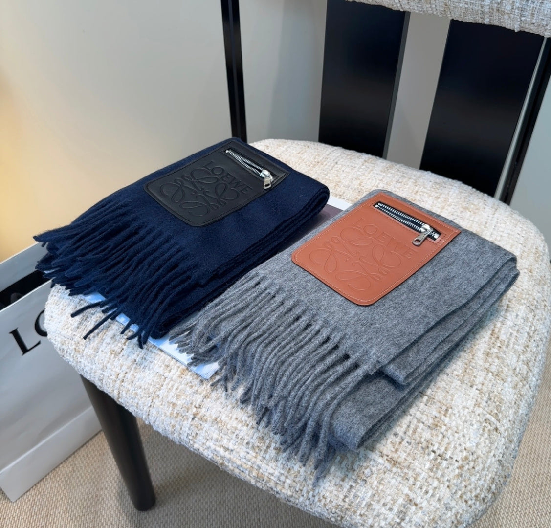 Loewe Scarf 180CM Dark Blue Mix Black Wool-blend Leather 969503