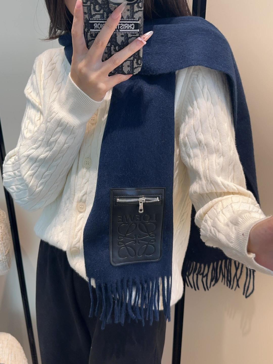 Loewe Scarf 180CM Dark Blue Mix Black Wool-blend Leather 969503