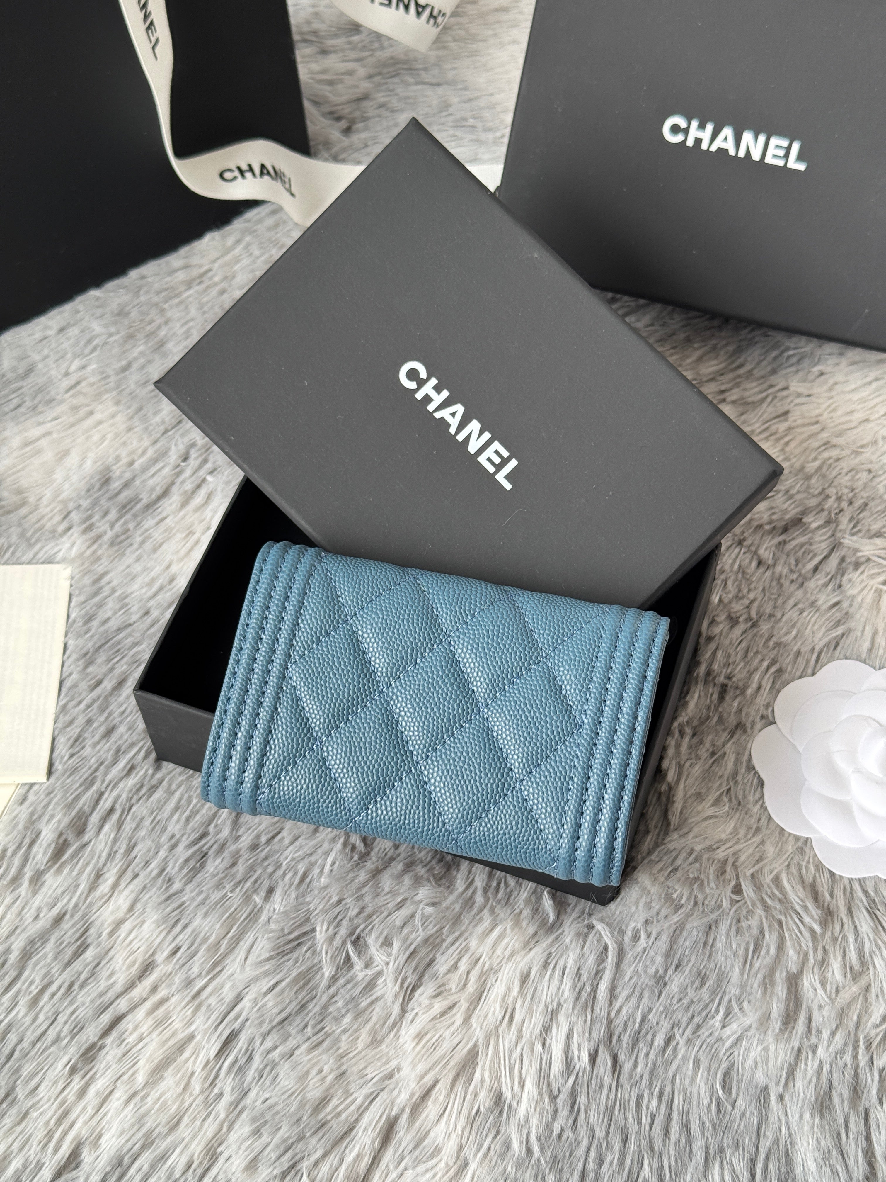 CC Boy Flap Card Holder Muted Teal Gold-tone Grained Calfskin 242854