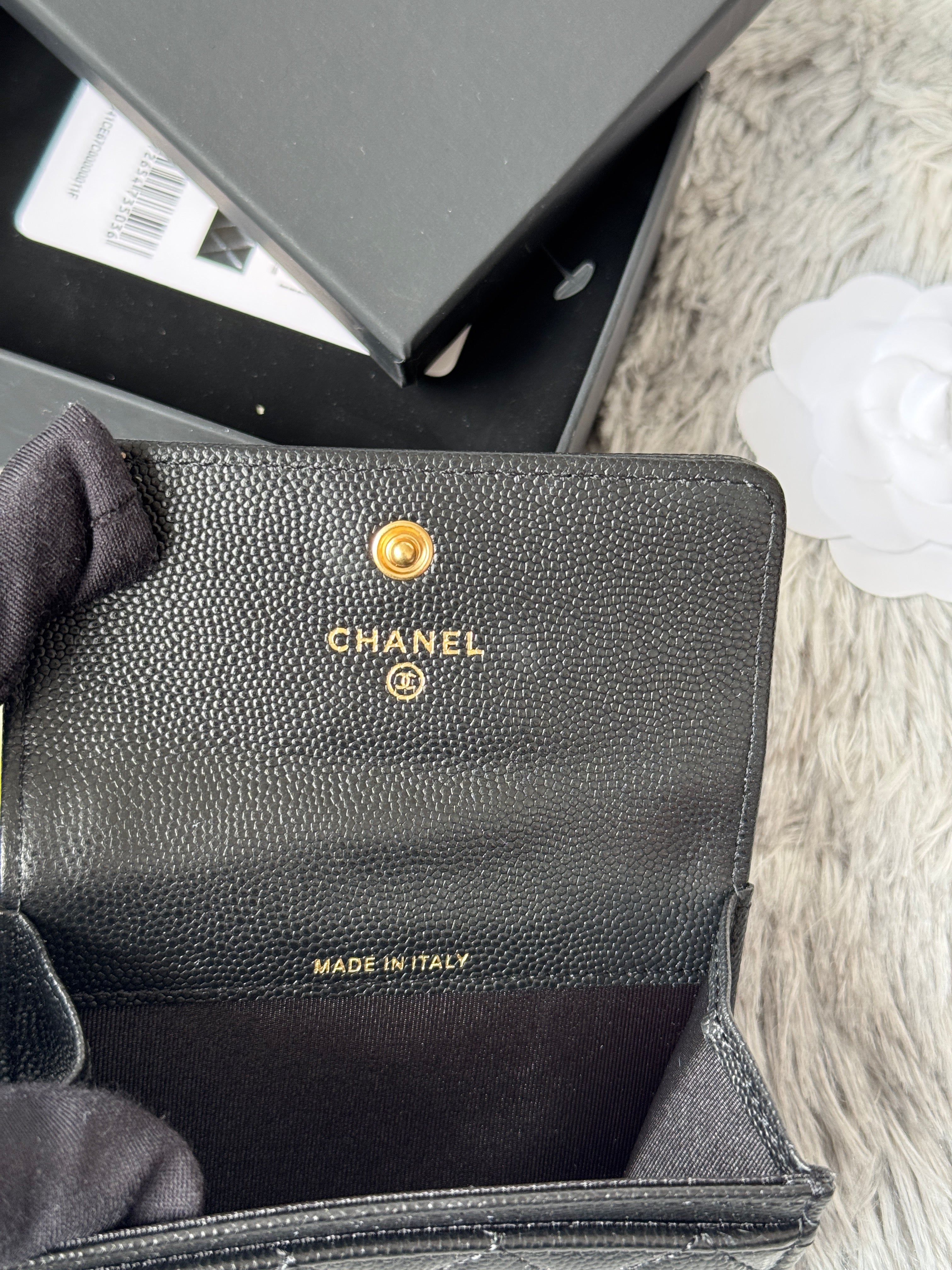 CC Boy Flap Card Holder Black Gold-tone Grained Calfskin 242866