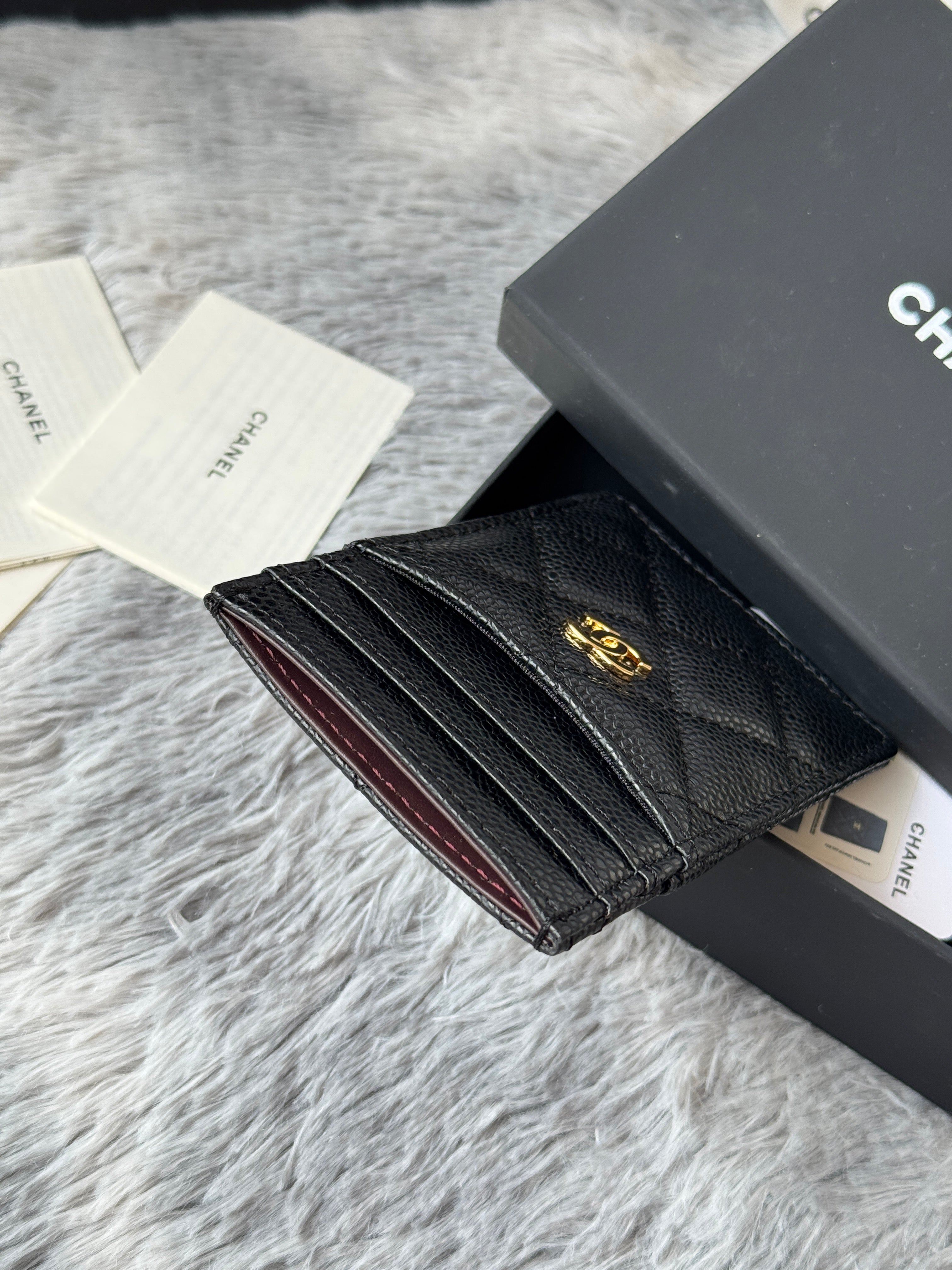 CC Carld Holder Black Gold-tone Metal Grain Calfskin 242682