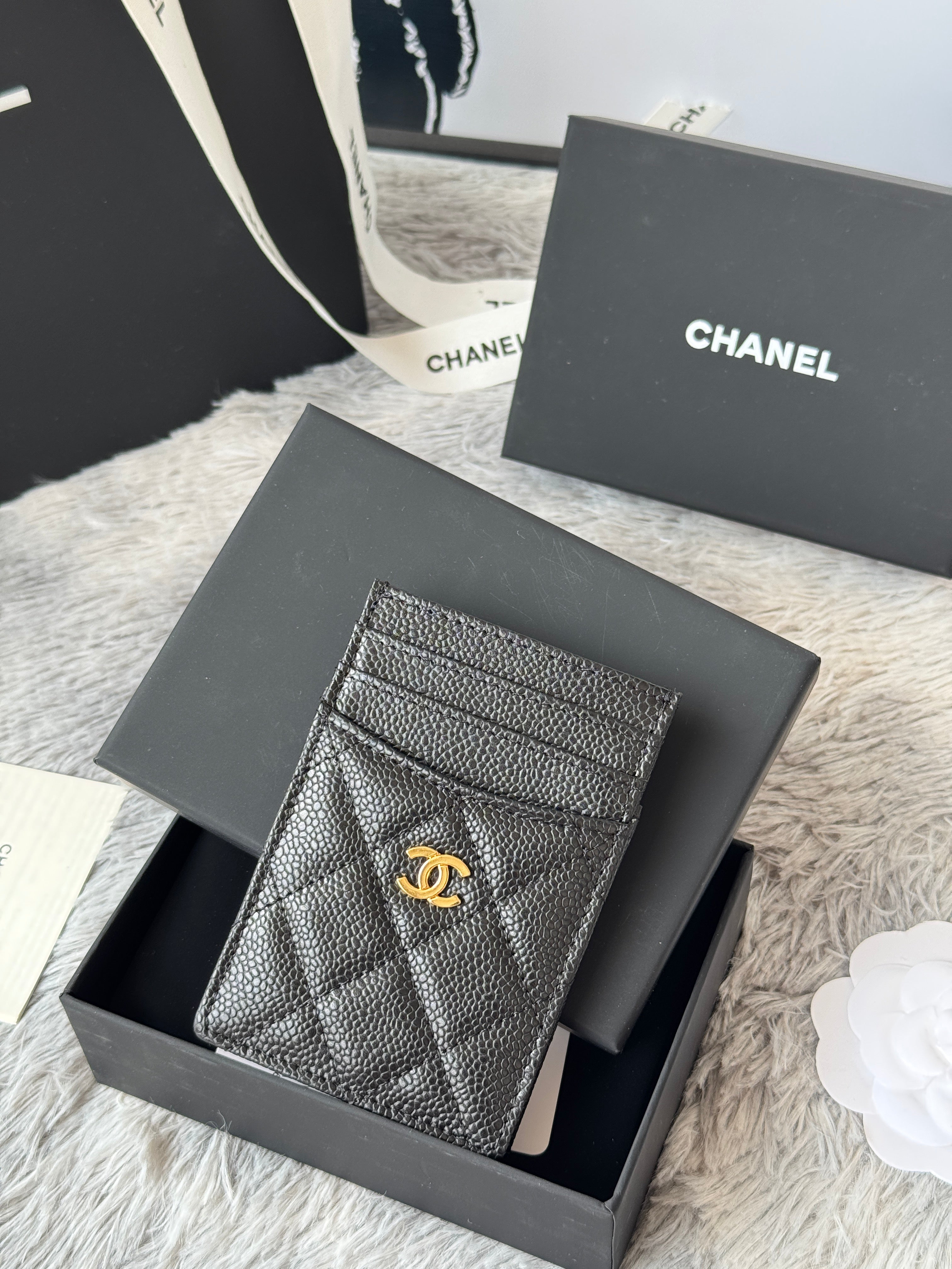 CC Carld Holder Black Gold-tone Metal Grain Calfskin 242682