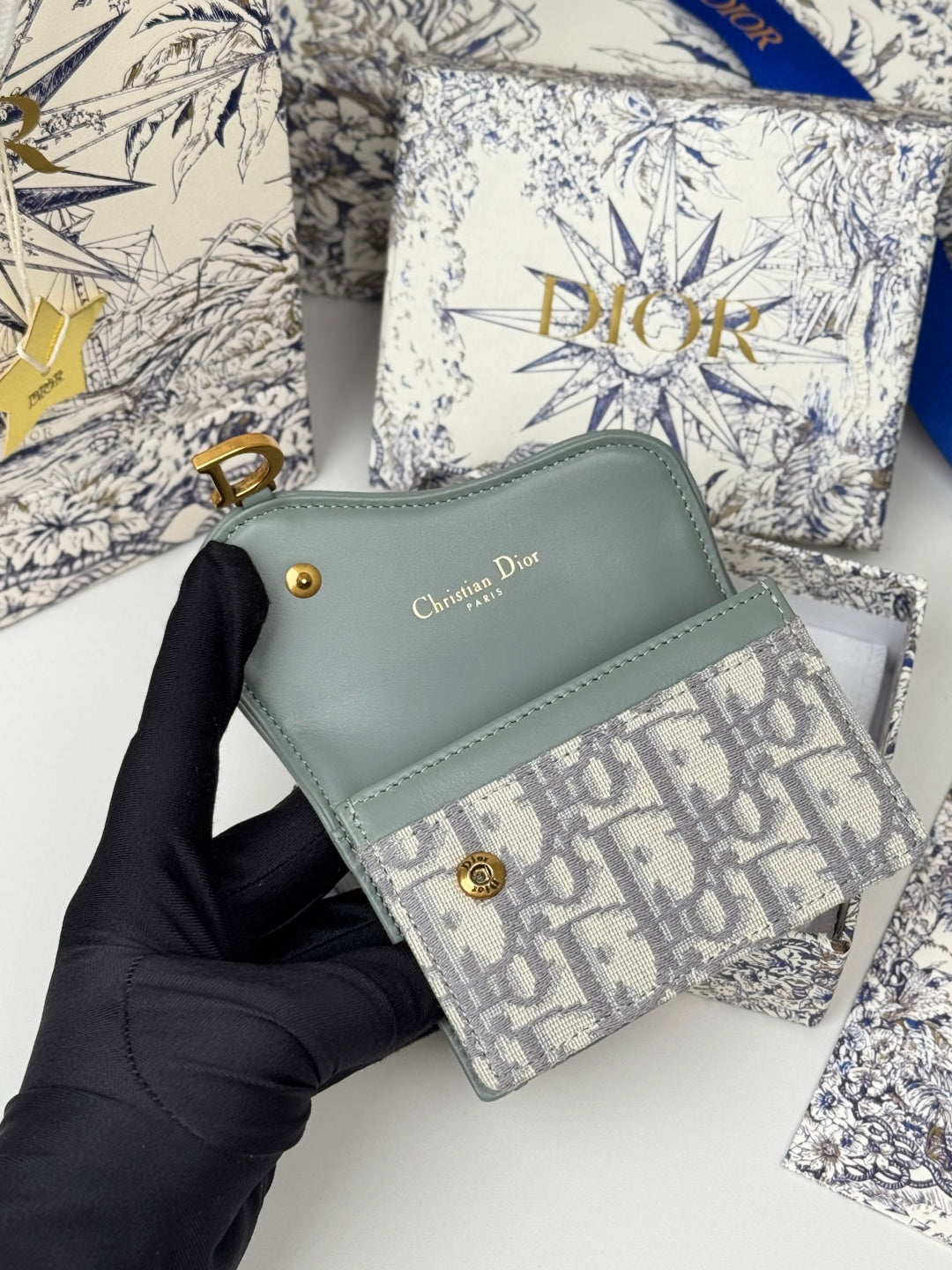 CD Saddle Lotus Wallet 10.5cm Grayish Jacquard GHW