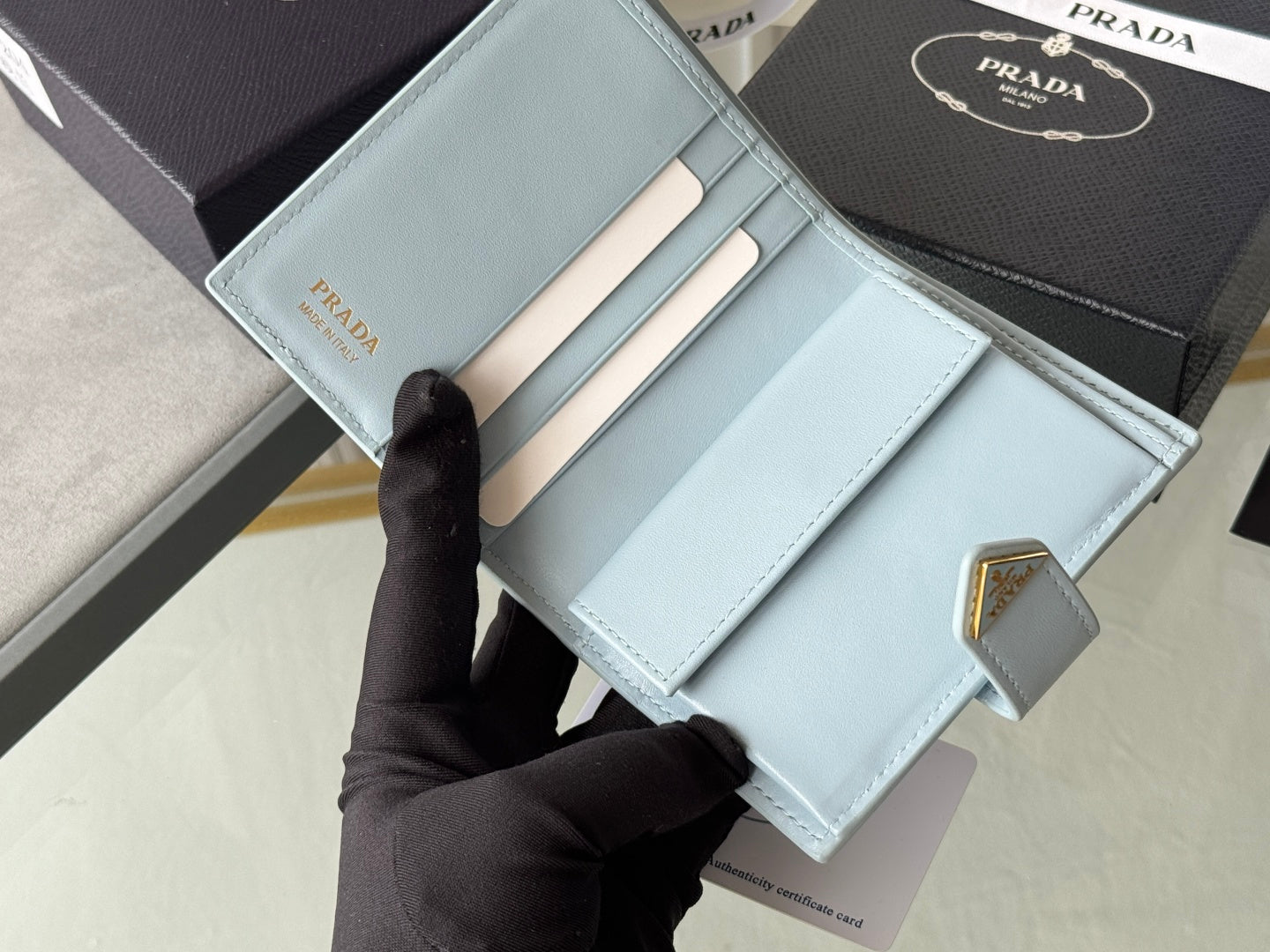 Pra 1MV204 Small Wallet Light Blue Saffiano & Smooth Leather
