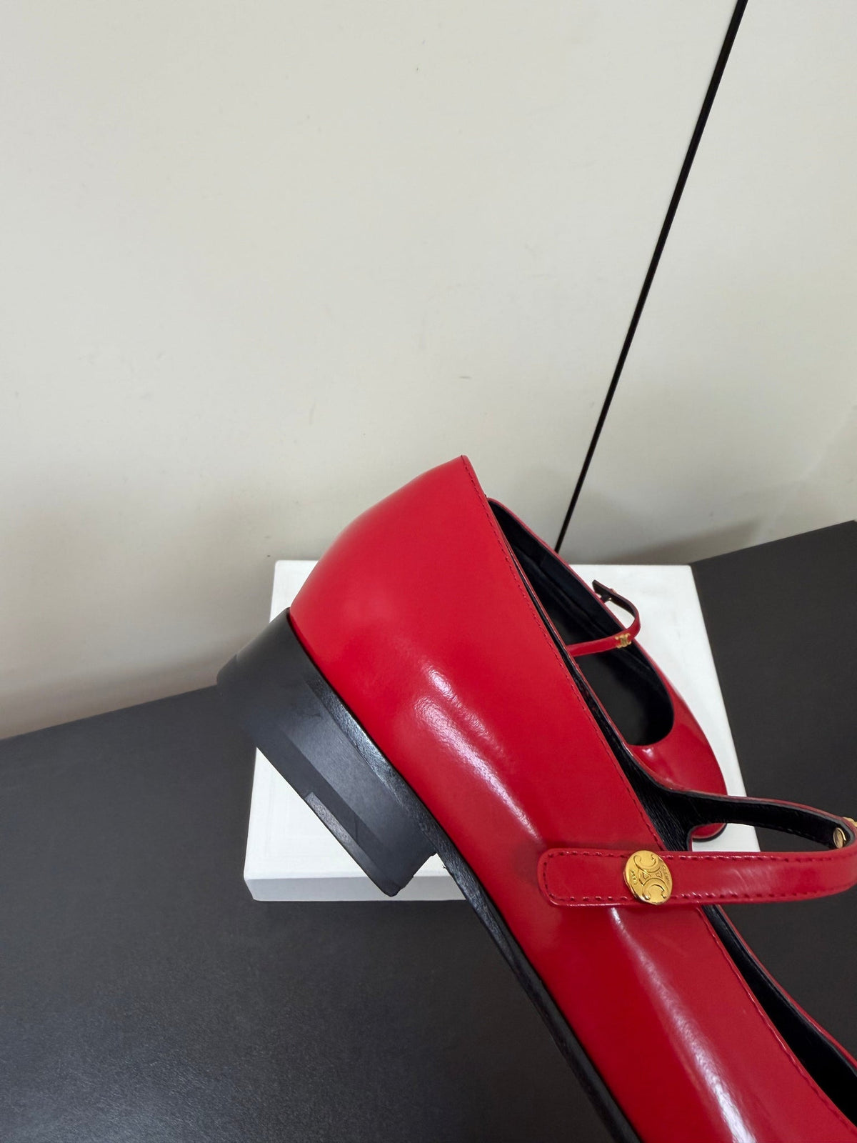 Celine 26s Mary Jane Flats In Dark Red Glossy Calfskin Gold Hardware