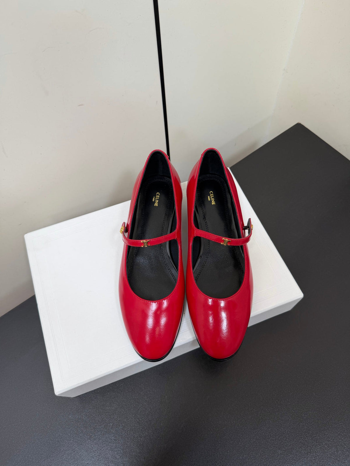 Celine 26s Mary Jane Flats In Dark Red Glossy Calfskin Gold Hardware