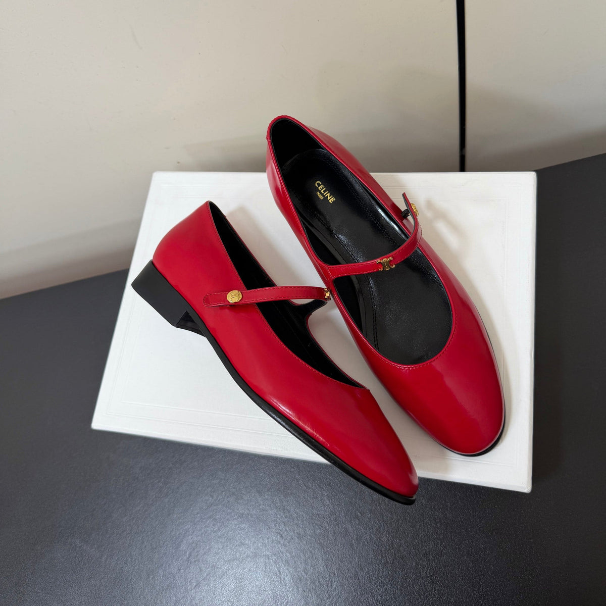 Celine 26s Mary Jane Flats In Dark Red Glossy Calfskin Gold Hardware