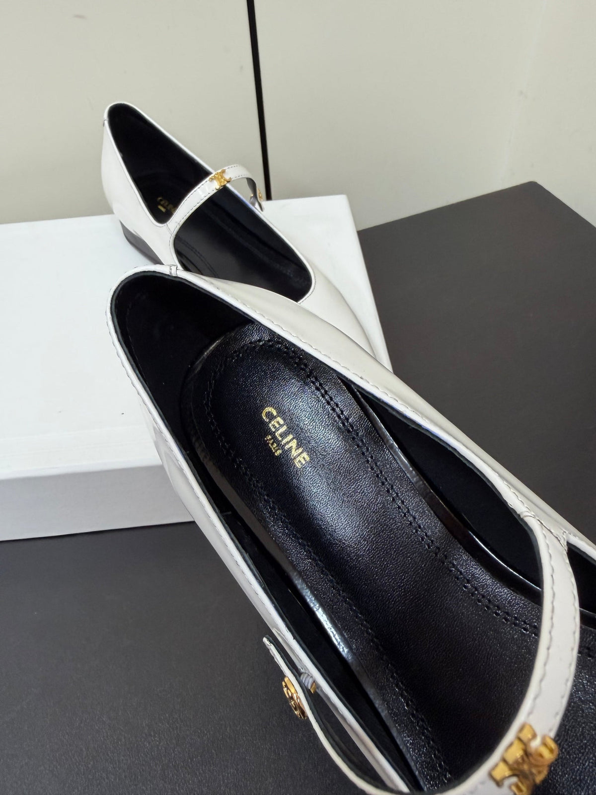 Celine 26s Mary Jane Flats In White Glossy Calfskin Gold Hardware