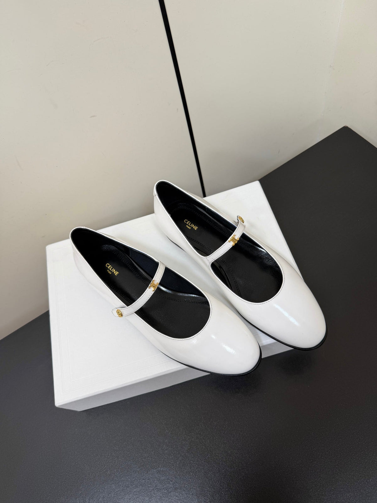 Celine 26s Mary Jane Flats In White Glossy Calfskin Gold Hardware