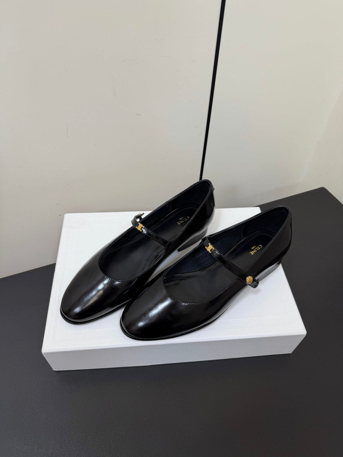 Celine 26s Mary Jane Flats In Black Glossy Calfskin Gold Hardware