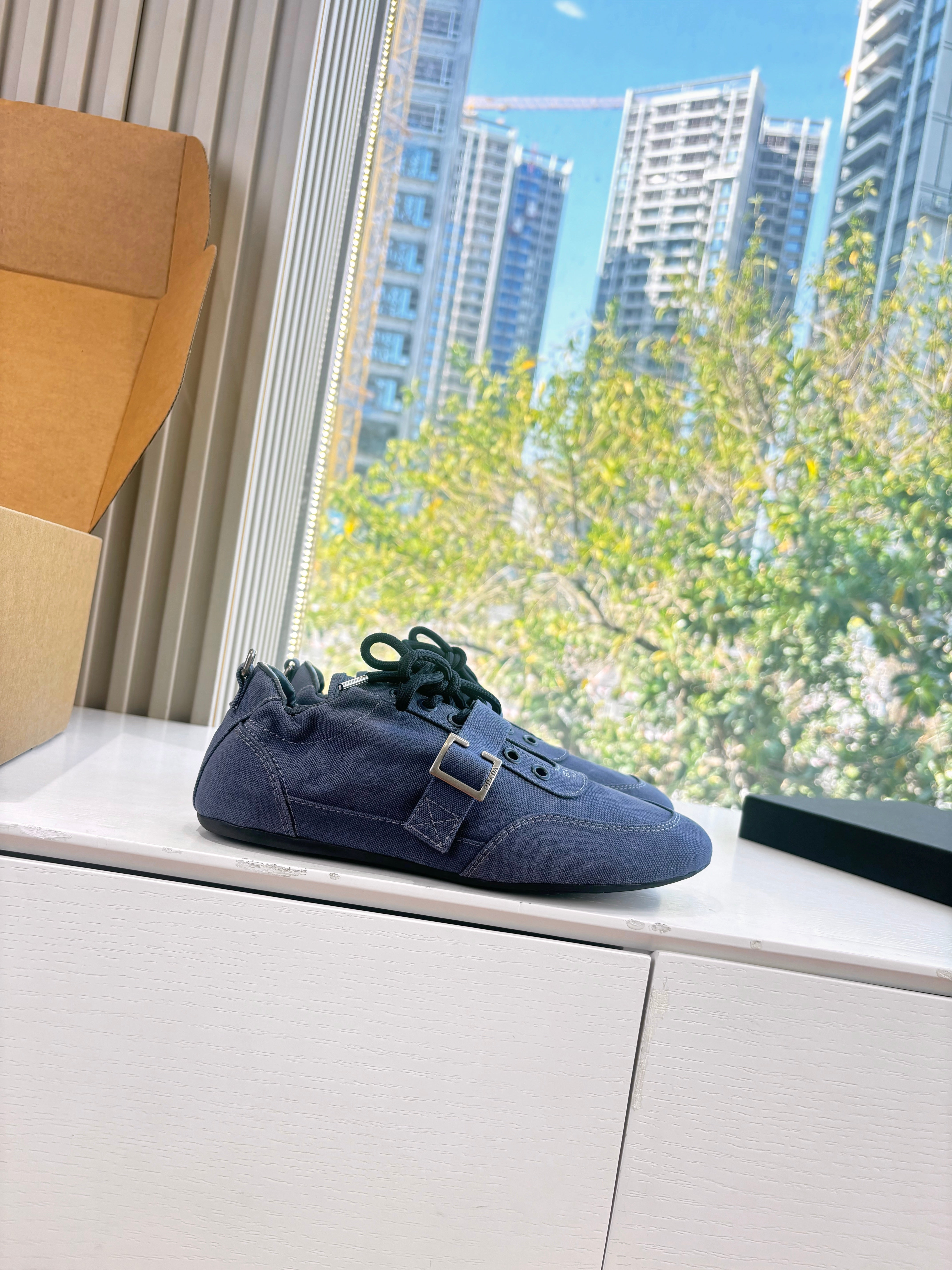 Prada Sneakers with Buckle and Strap Dark Blue Collapse Canvas 604167