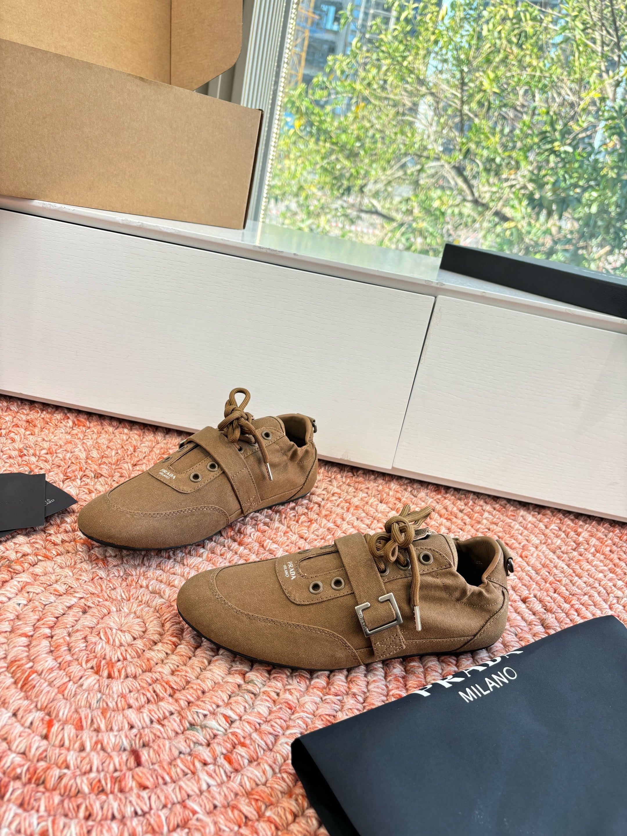 Prada Sneakers with Buckle and Strap Taupe Collapse Canvas 604166