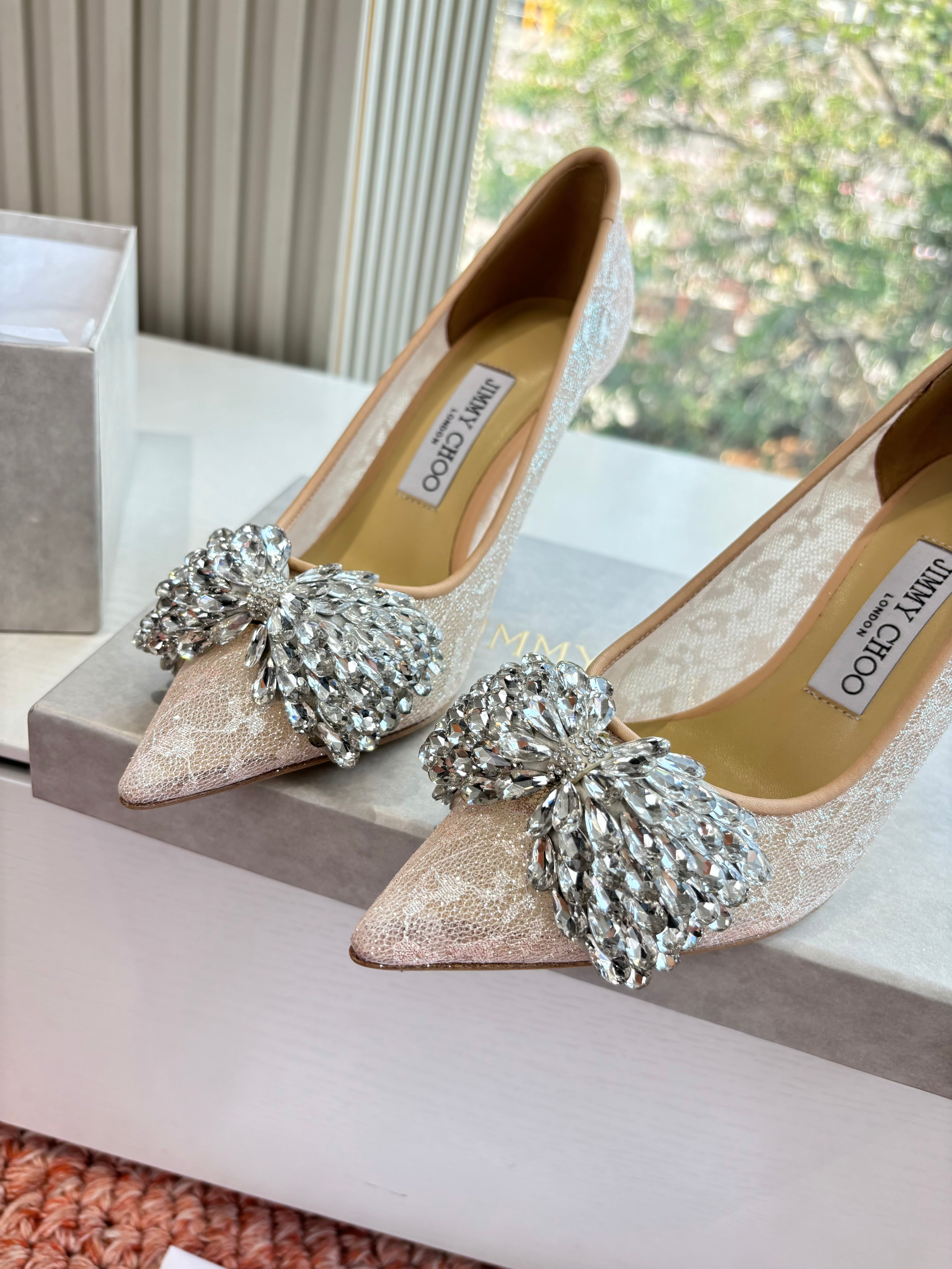 JC 26s Rhinestone Auria Pumps 6.5cm Beige Mesh 648212