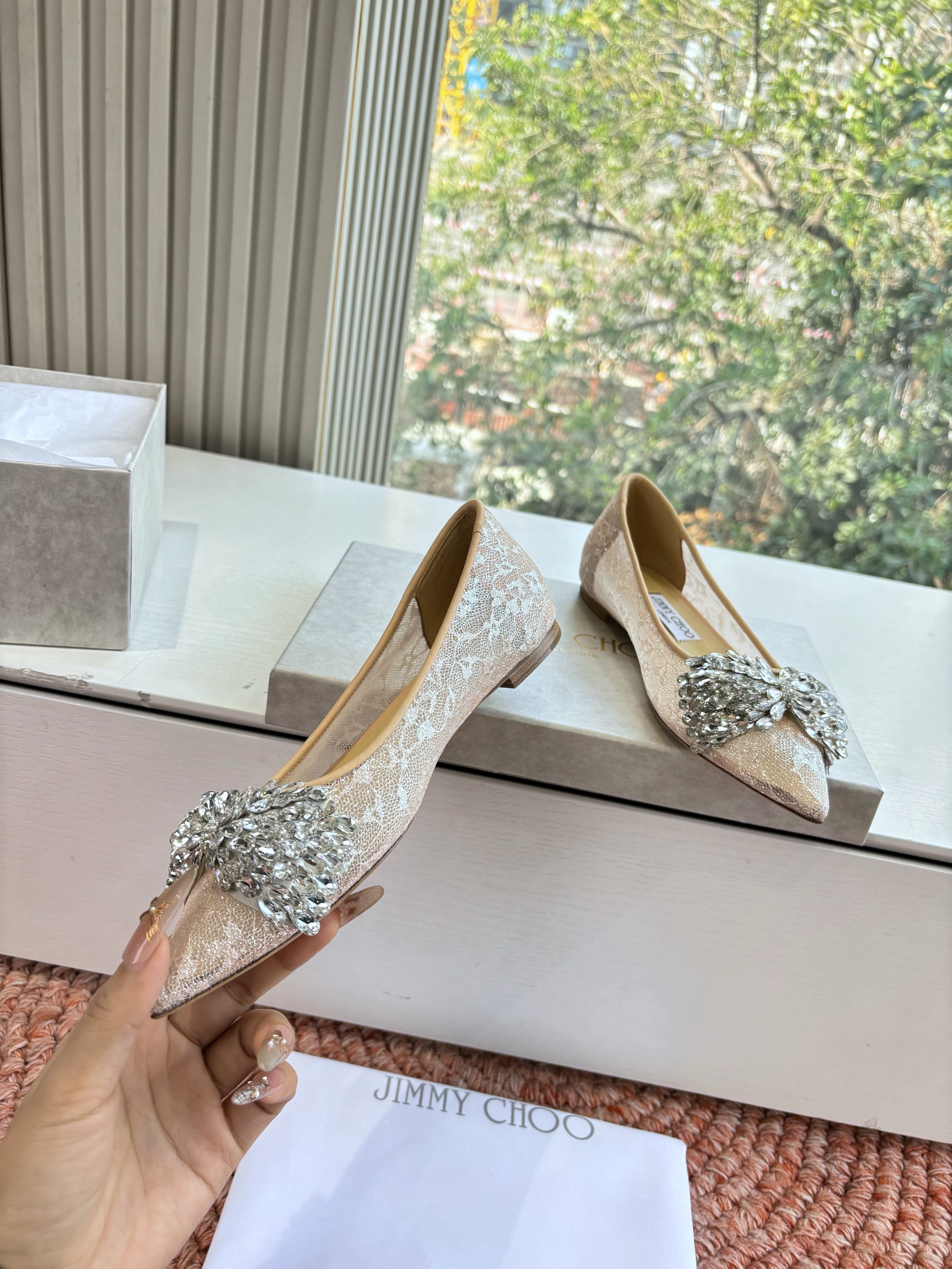 JC 26s Rhinestone Auria Ballet Flats Beige Mesh 648215