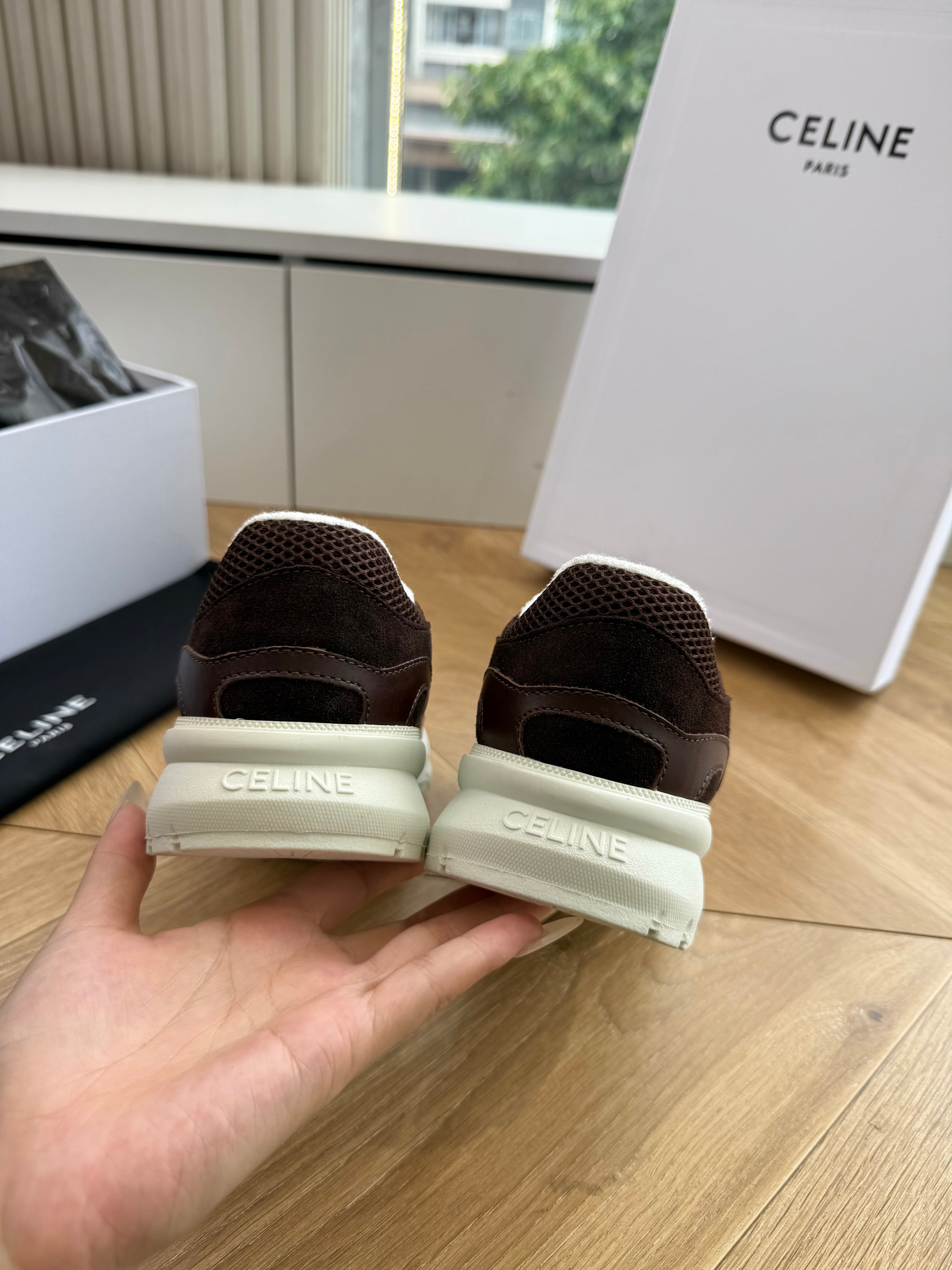 Celine 26s Runner Sneakers Coffee Mesh Suede Calfskin 967837