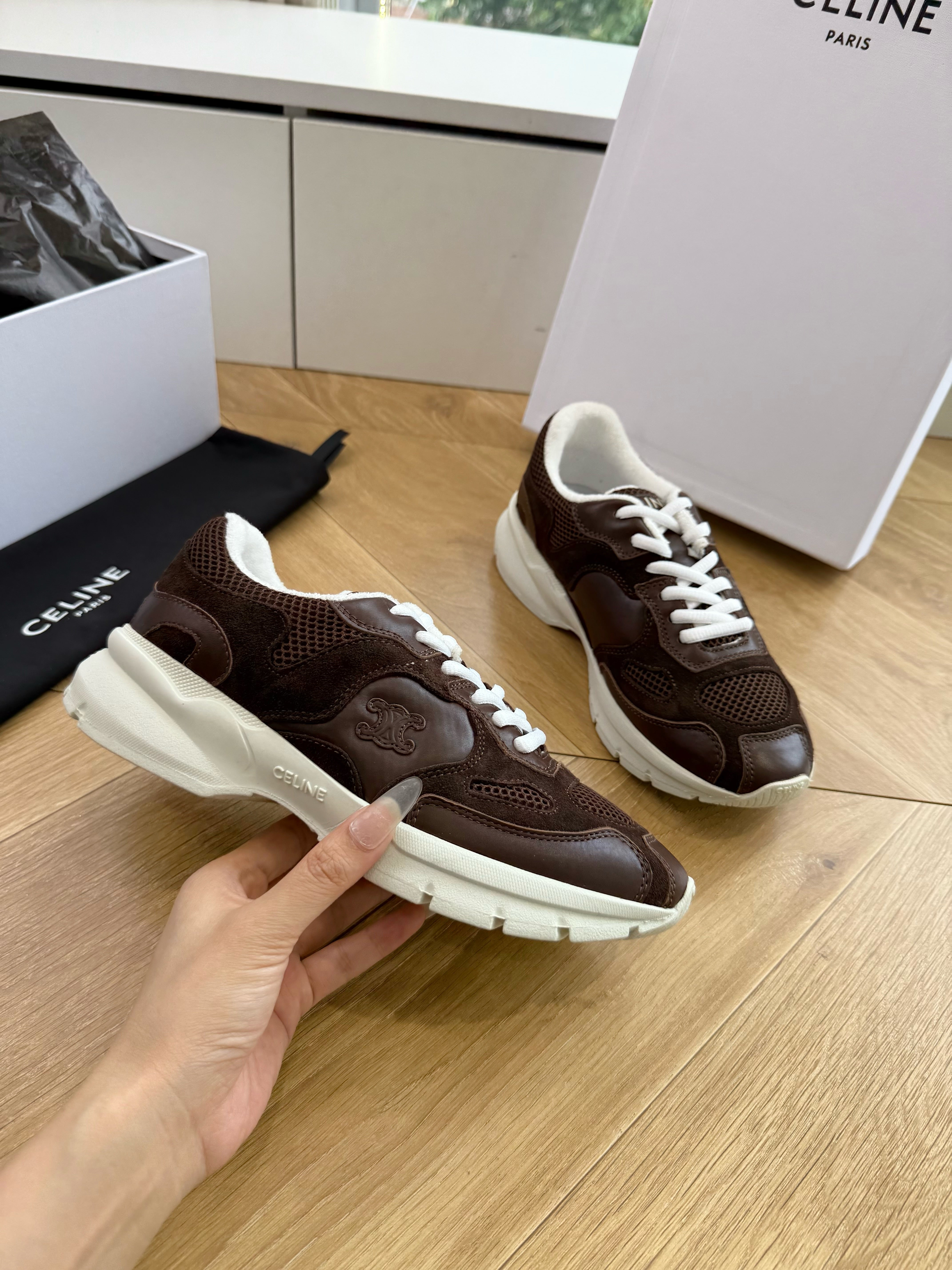 Celine 26s Runner Sneakers Coffee Mesh Suede Calfskin 967837