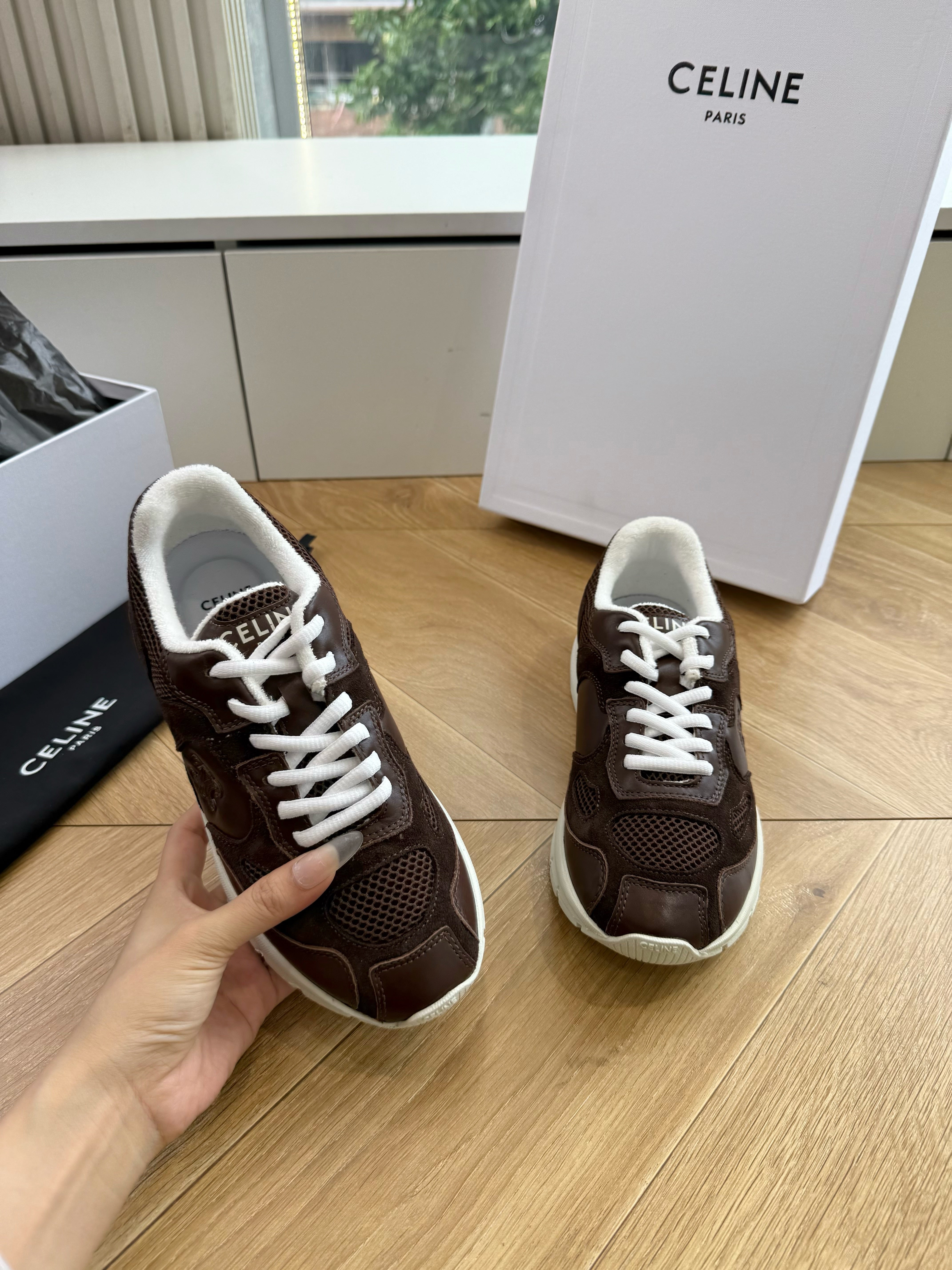Celine 26s Runner Sneakers Coffee Mesh Suede Calfskin 967837