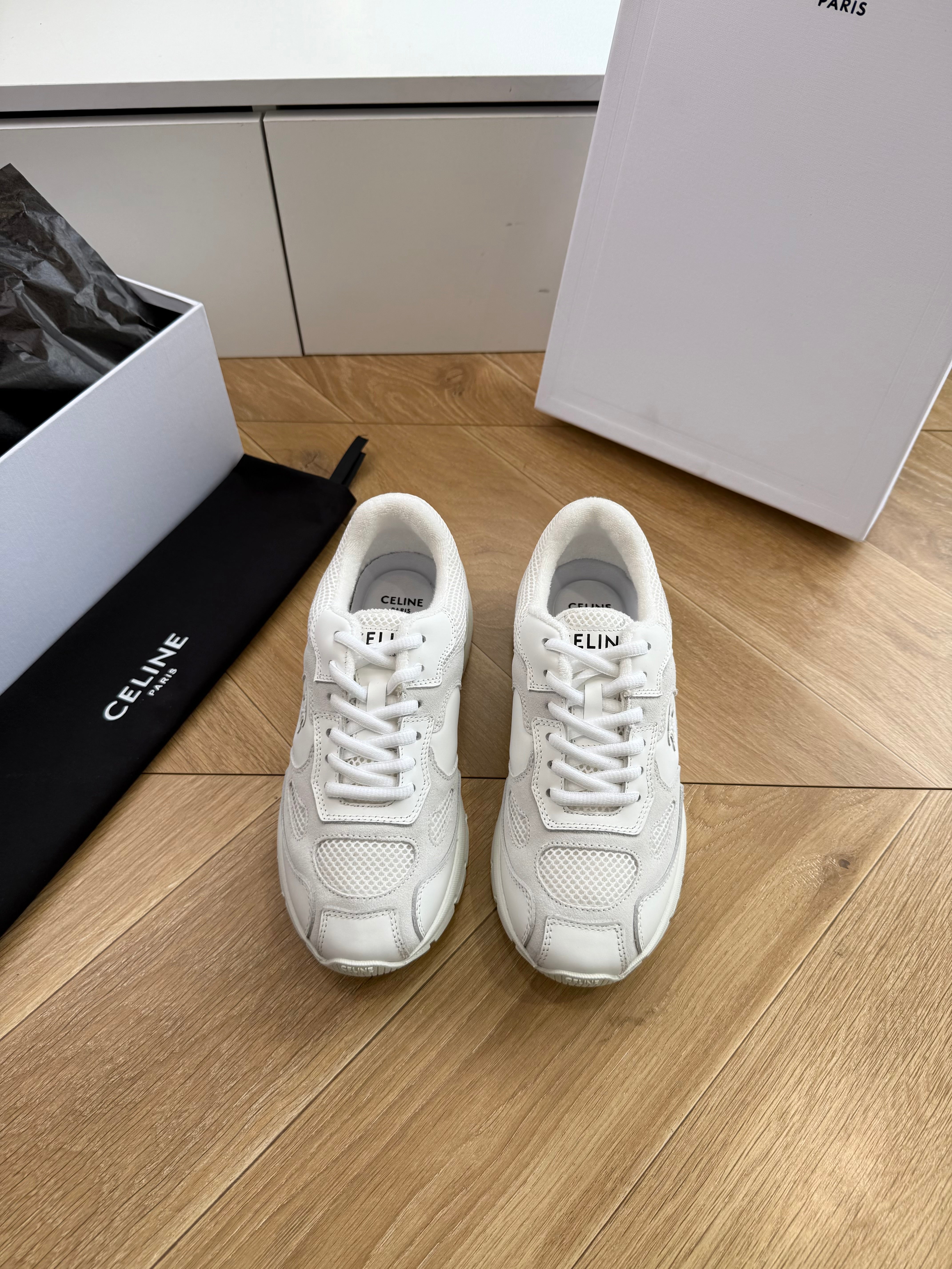 Celine 26s Runner Sneakers Off White Mesh Suede Calfskin 967838