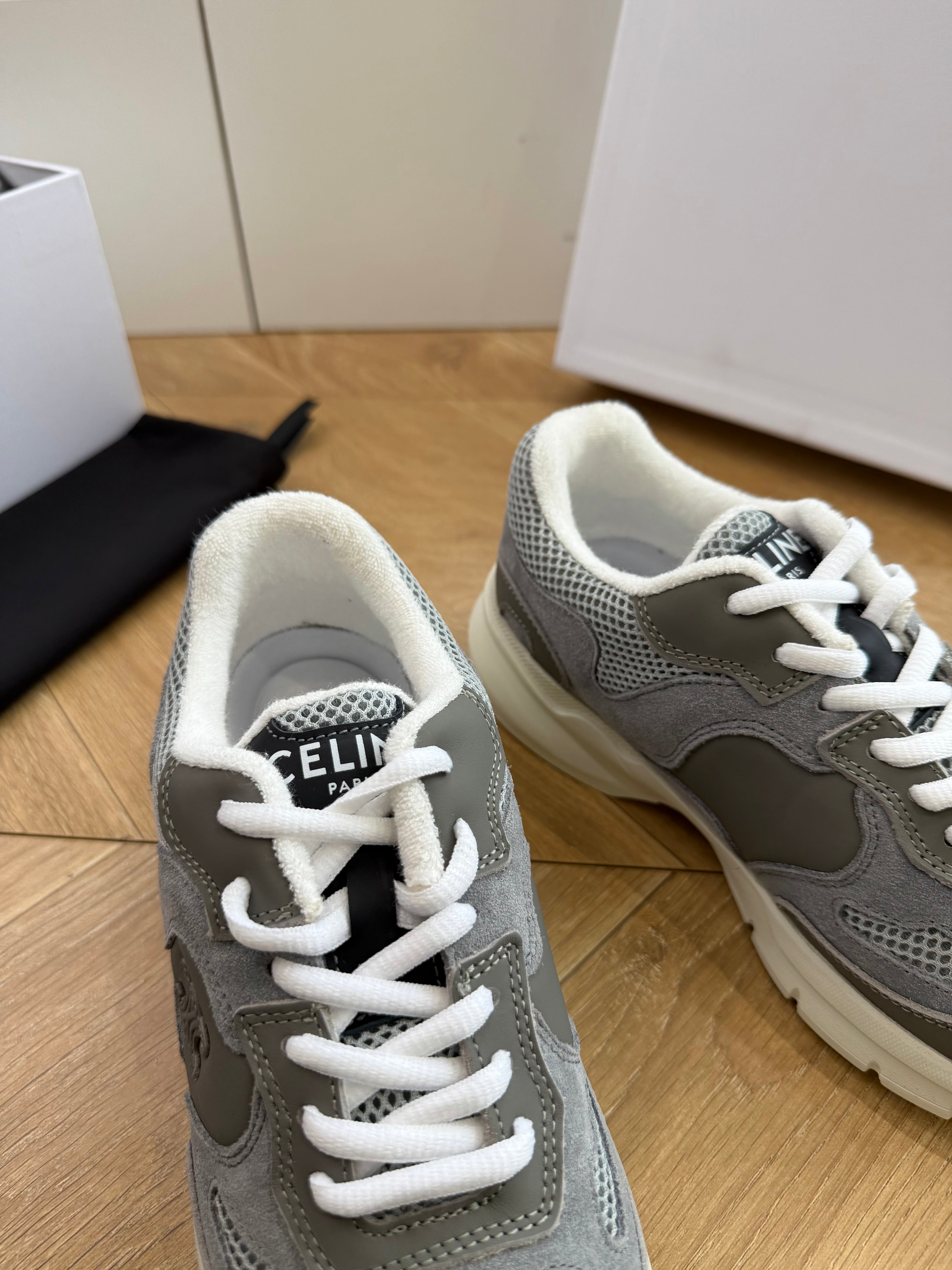 Celine 26s Runner Sneakers Grey/Ecru Mesh Suede Calfskin 967839