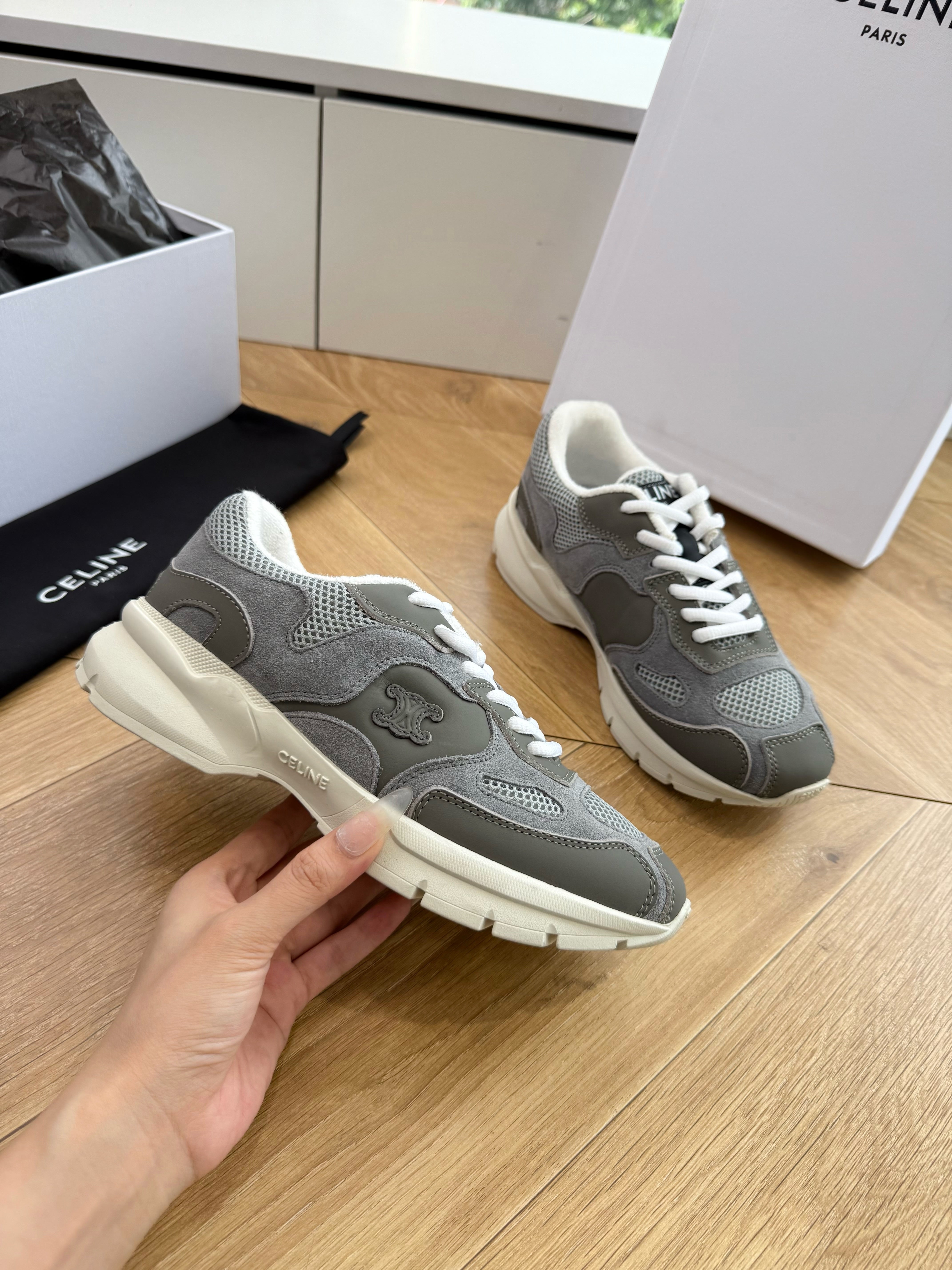 Celine 26s Runner Sneakers Grey/Ecru Mesh Suede Calfskin 967839