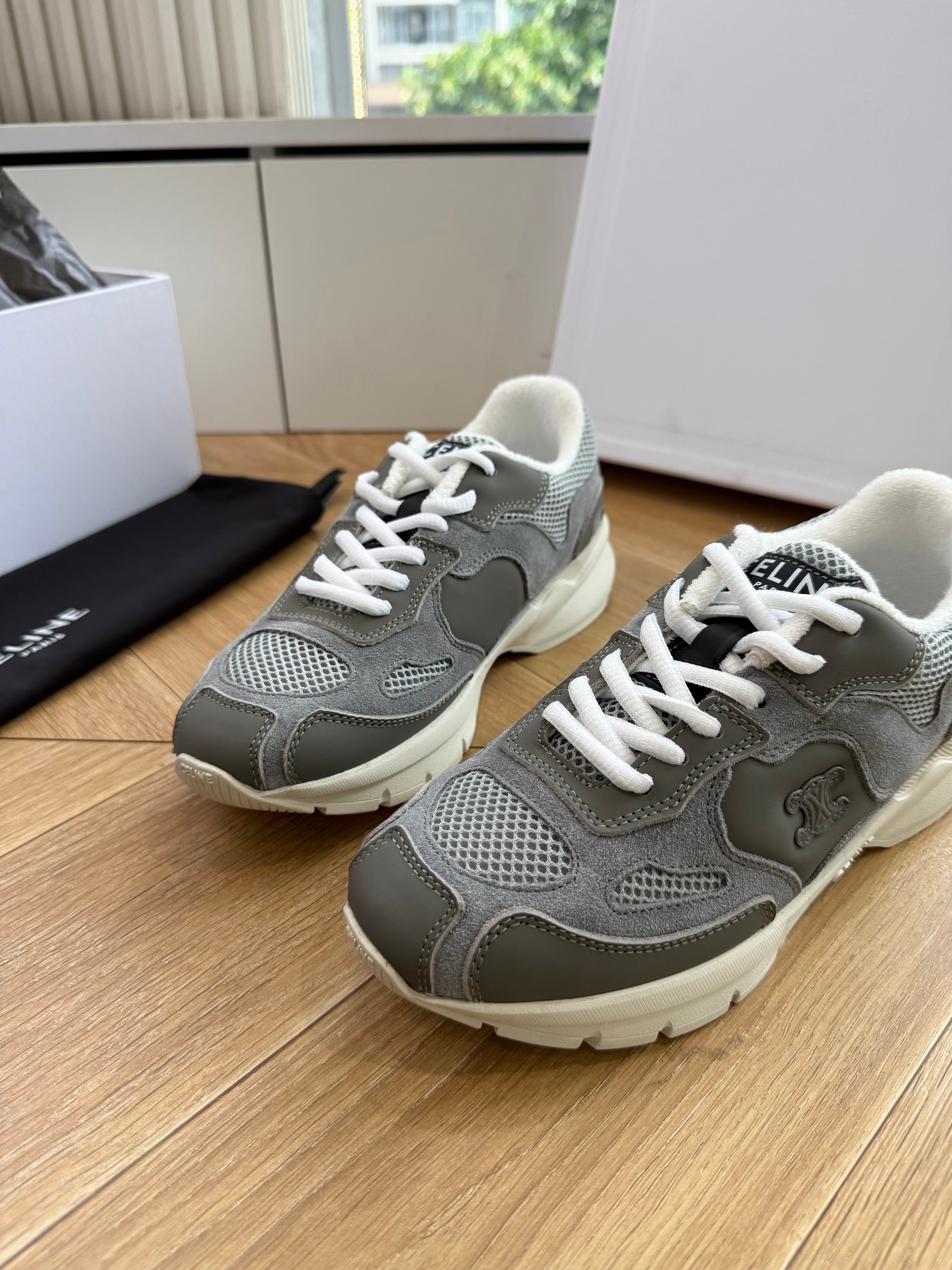 Celine 26s Runner Sneakers Grey/Ecru Mesh Suede Calfskin 967839