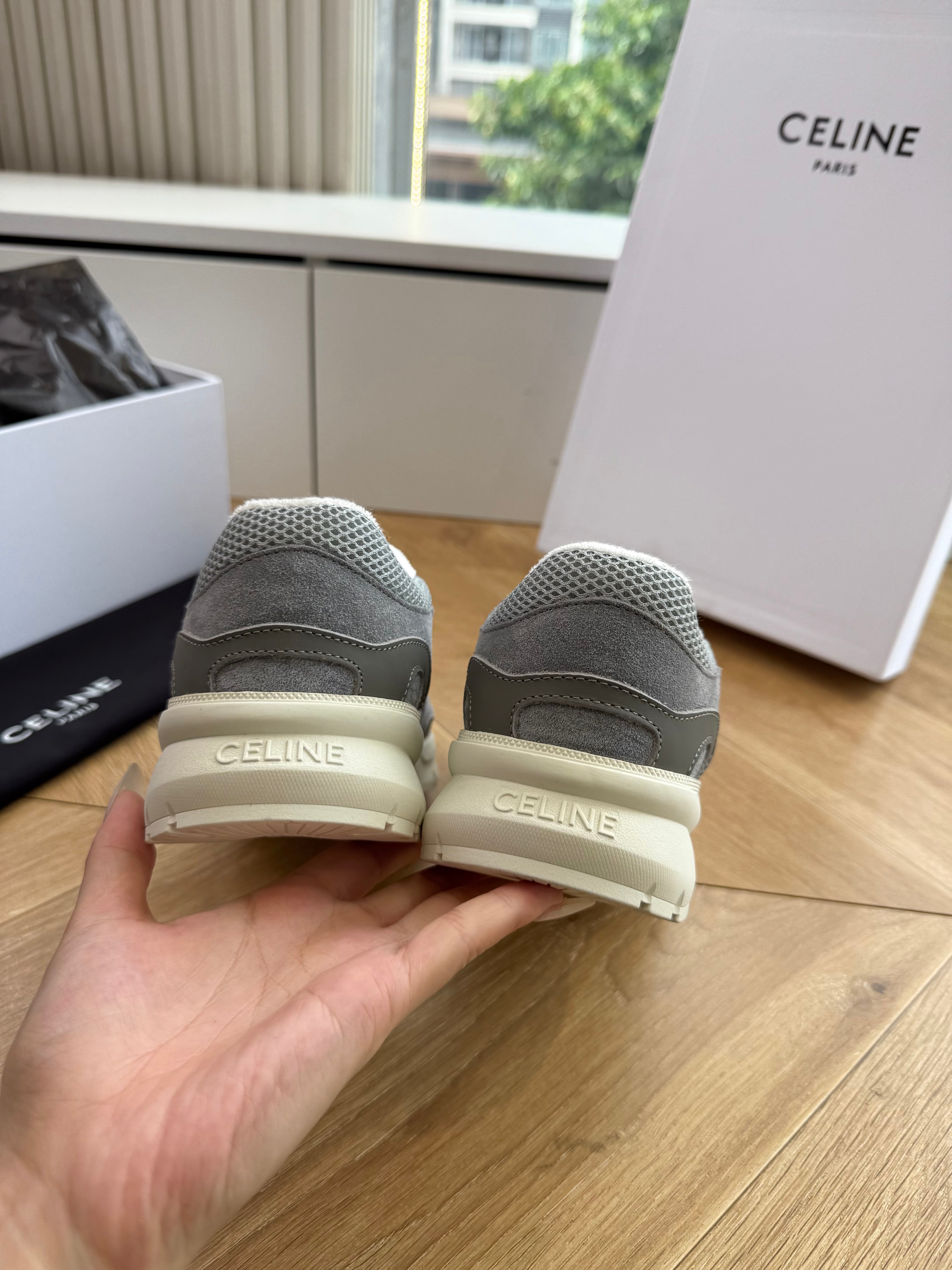 Celine 26s Runner Sneakers Grey/Ecru Mesh Suede Calfskin 967839