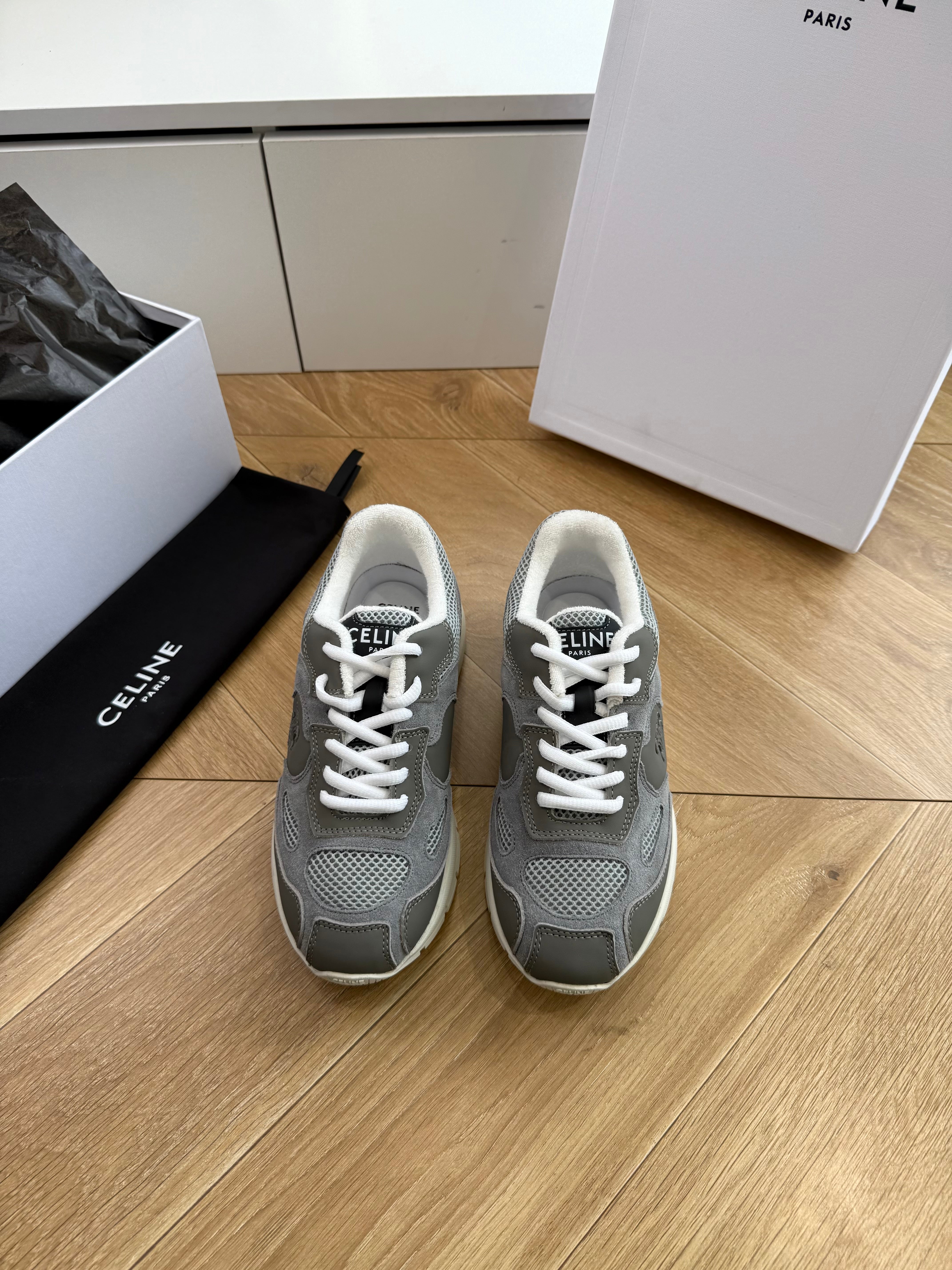 Celine 26s Runner Sneakers Grey/Ecru Mesh Suede Calfskin 967839