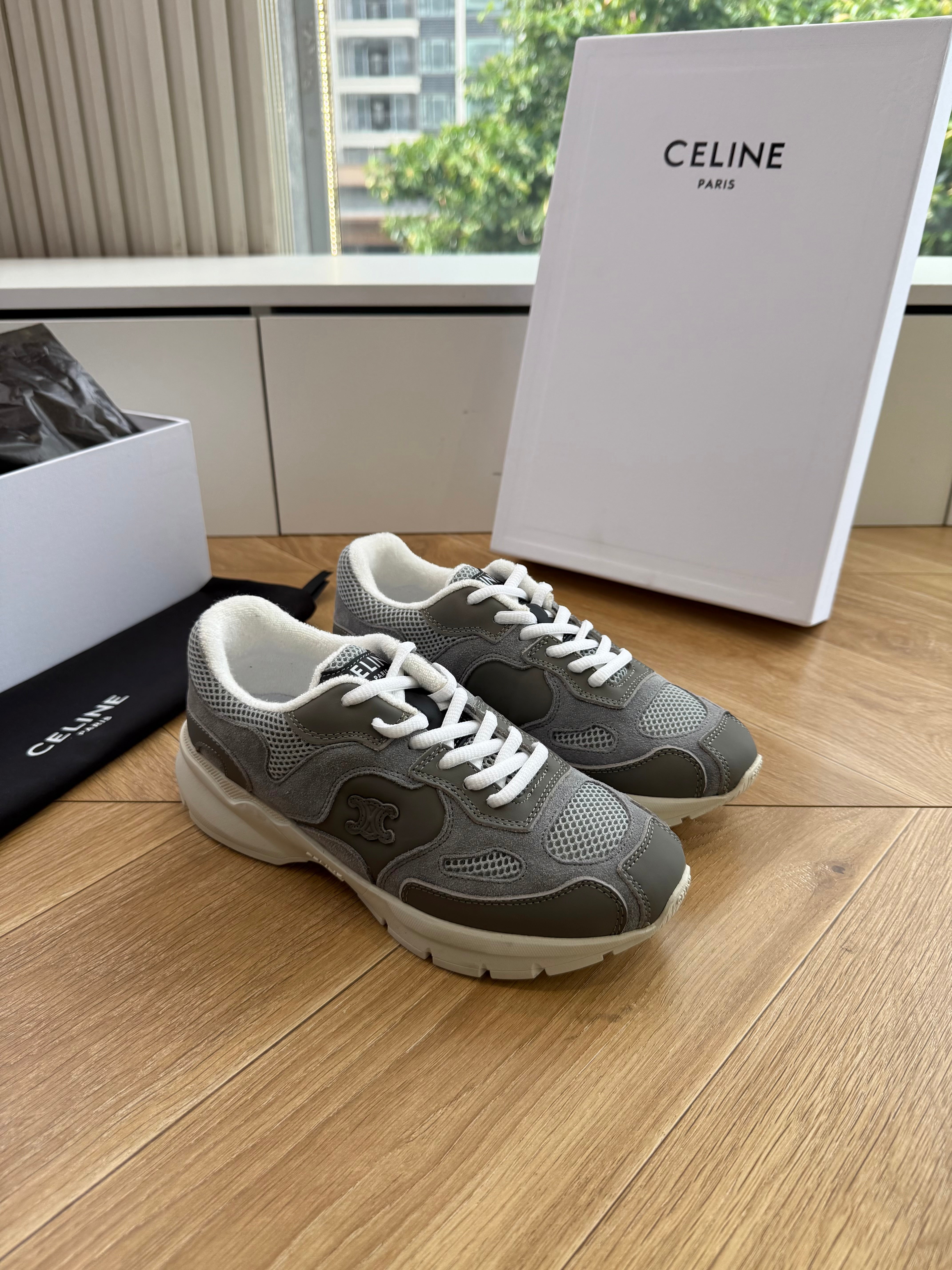 Celine 26s Runner Sneakers Grey/Ecru Mesh Suede Calfskin 967839