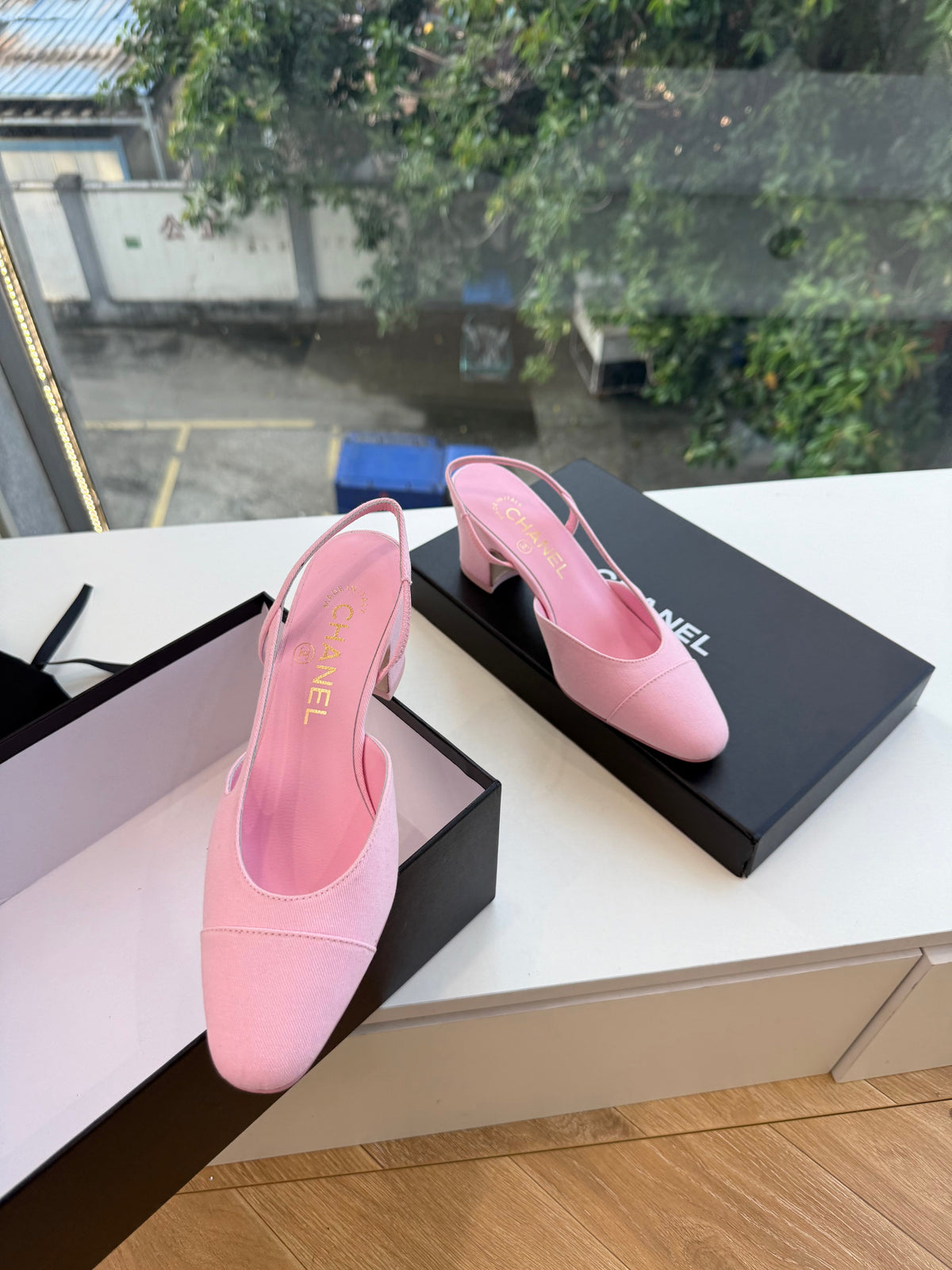 CC 26s Square Toe Slingback Pumps Pink Canvas 126545